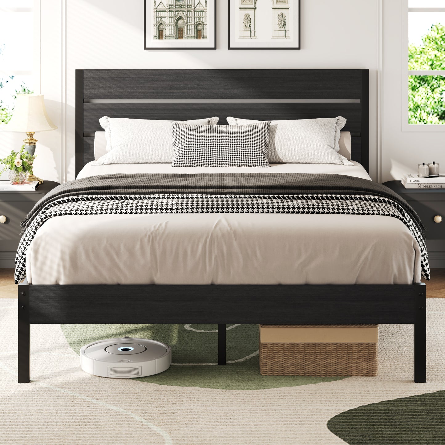 Lifezone Queen Bed Frame with Rustic Vintage Wood Headboard and Footboard,Metal Support,Grey