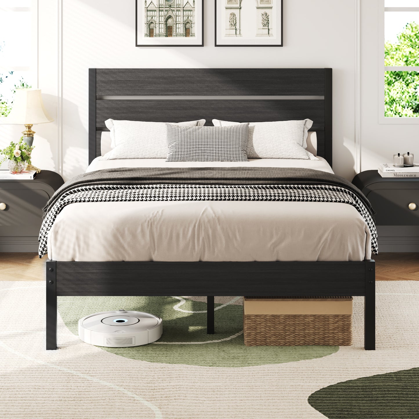 Lifezone Queen Bed Frame with Rustic Vintage Wood Headboard and Footboard,Metal Support,Grey