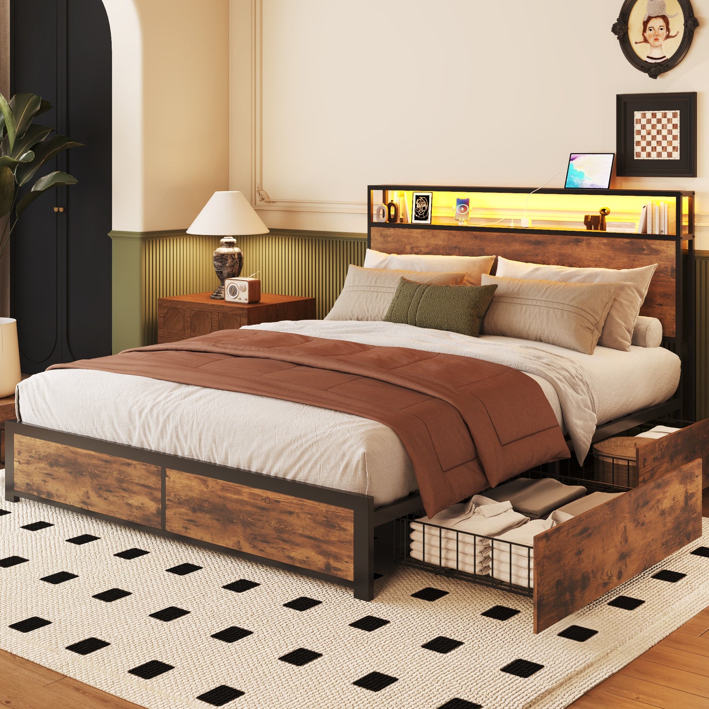 Lifezone Queen Bed Frame with 2-Tier Storage Headboard, Metal Platform Bed Frame with 4 Storage Drawers, Built in Charging Station & LED, Noise-Free/Metal Support/No Box Spring Needed, Vintage Brown