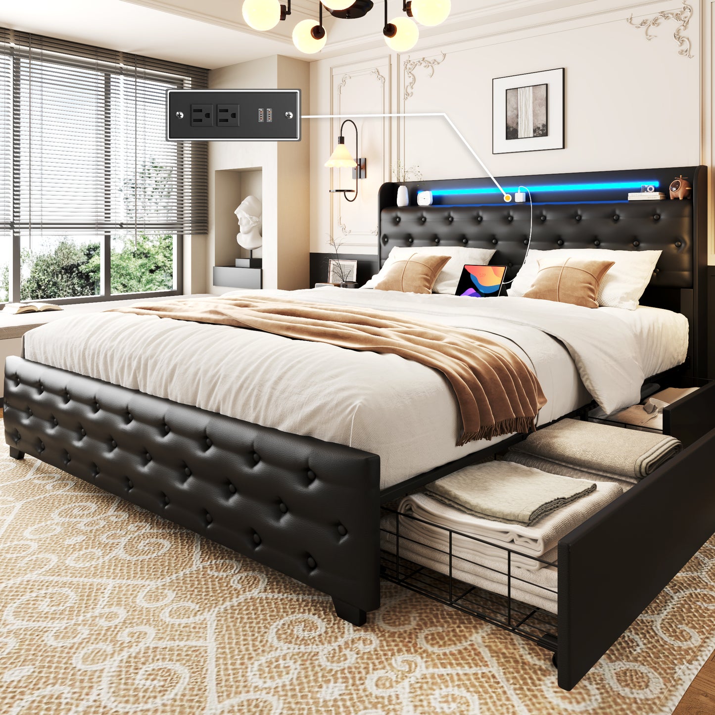 Lifezone Queen Bed Frame with Windback Headboard, Faux Leather Upholstered Storage Platform Bed with Charging Station & 4 Storage Drawers, LED Lights, Metal Support, No Box Spring Needed, Black