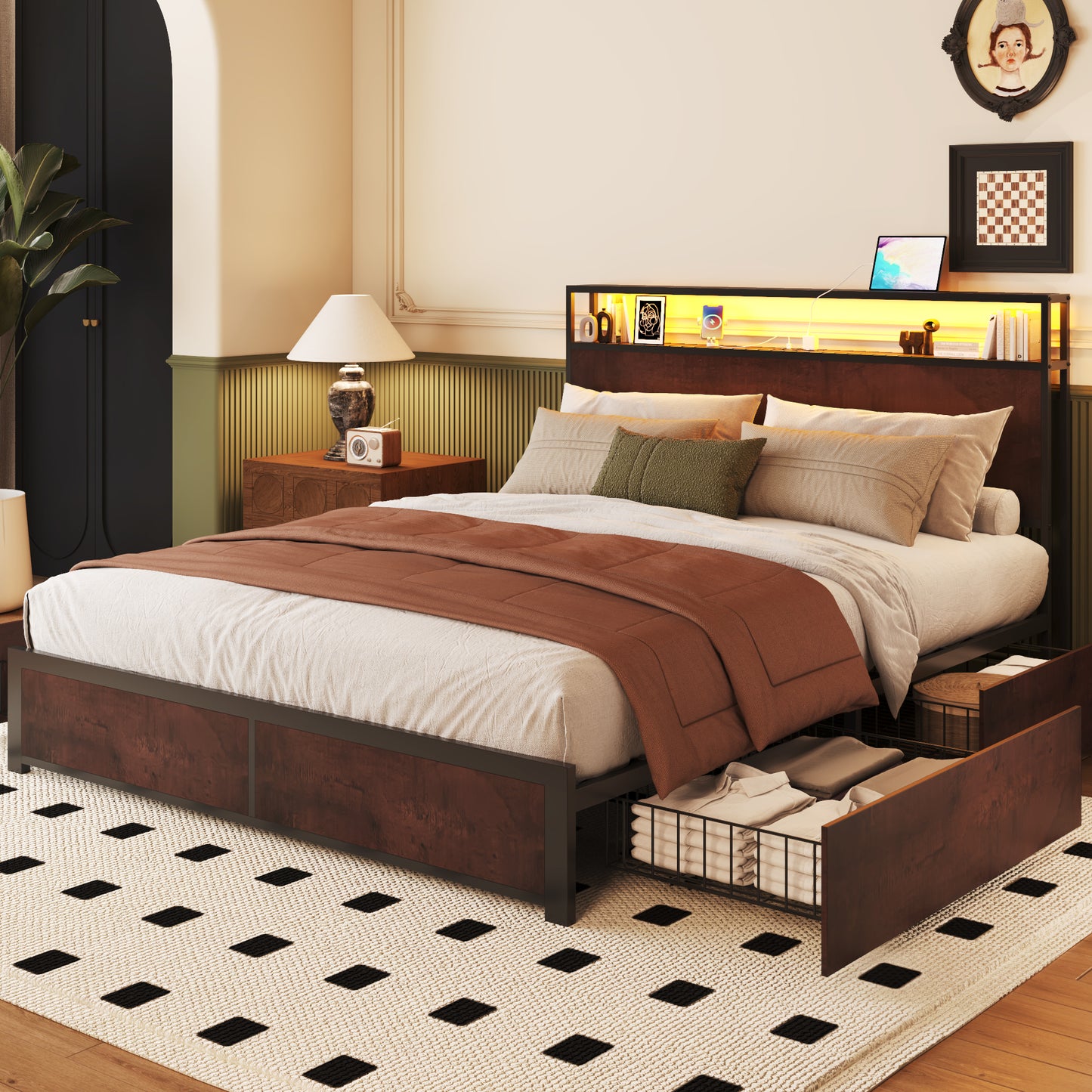 Lifezone Queen Bed Frame with 2-Tier Storage Headboard, Metal Platform Bed Frame with 4 Storage Drawers, Built in Charging Station & LED, Noise-Free/Metal Support/No Box Spring Needed, Vintage Brown