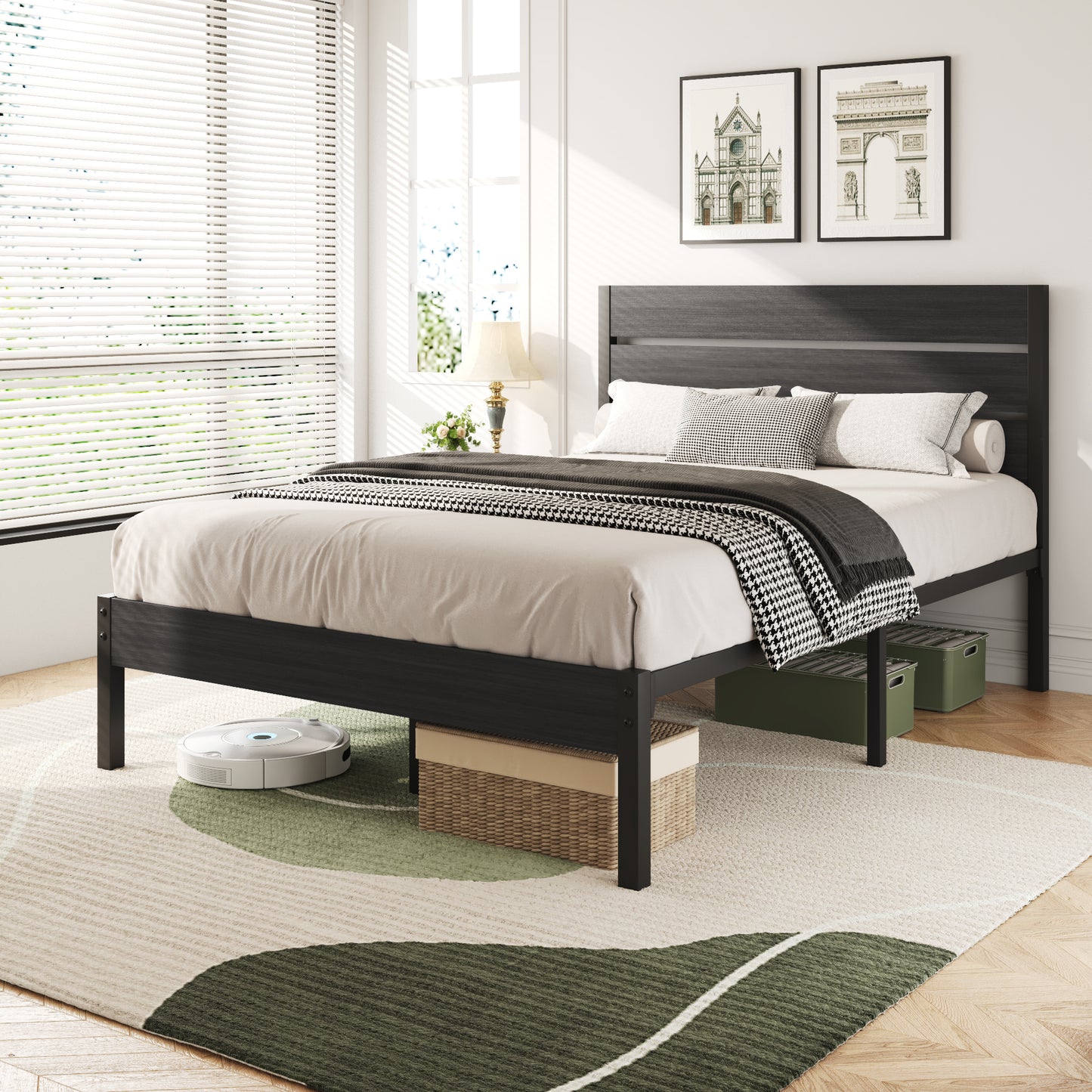 Lifezone Queen Bed Frame with Rustic Vintage Wood Headboard and Footboard,Metal Support,Grey
