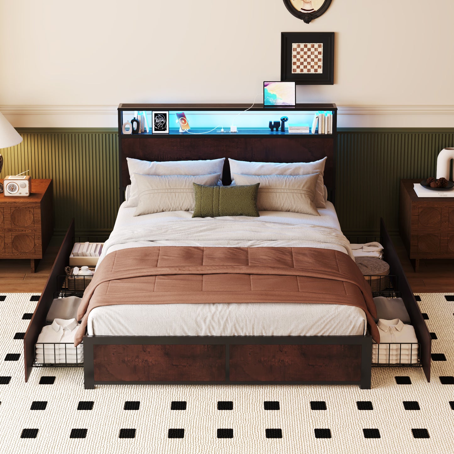 Lifezone Queen Bed Frame with 2-Tier Storage Headboard, Metal Platform Bed Frame with 4 Storage Drawers, Built in Charging Station & LED, Noise-Free/Metal Support/No Box Spring Needed, Vintage Brown