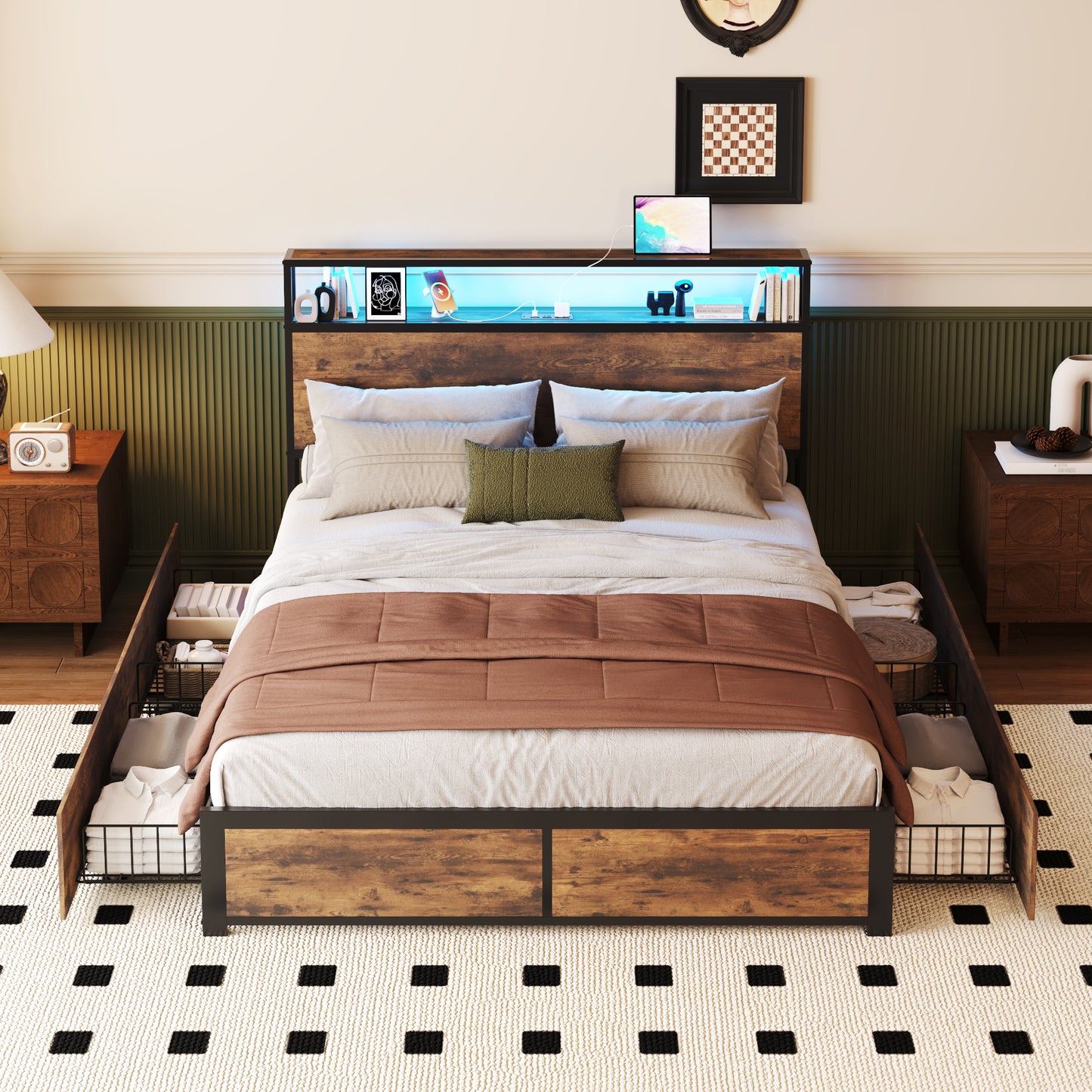 Lifezone Queen Bed Frame with 2-Tier Storage Headboard, Metal Platform Bed Frame with 4 Storage Drawers, Built in Charging Station & LED, Noise-Free/Metal Support/No Box Spring Needed, Vintage Brown