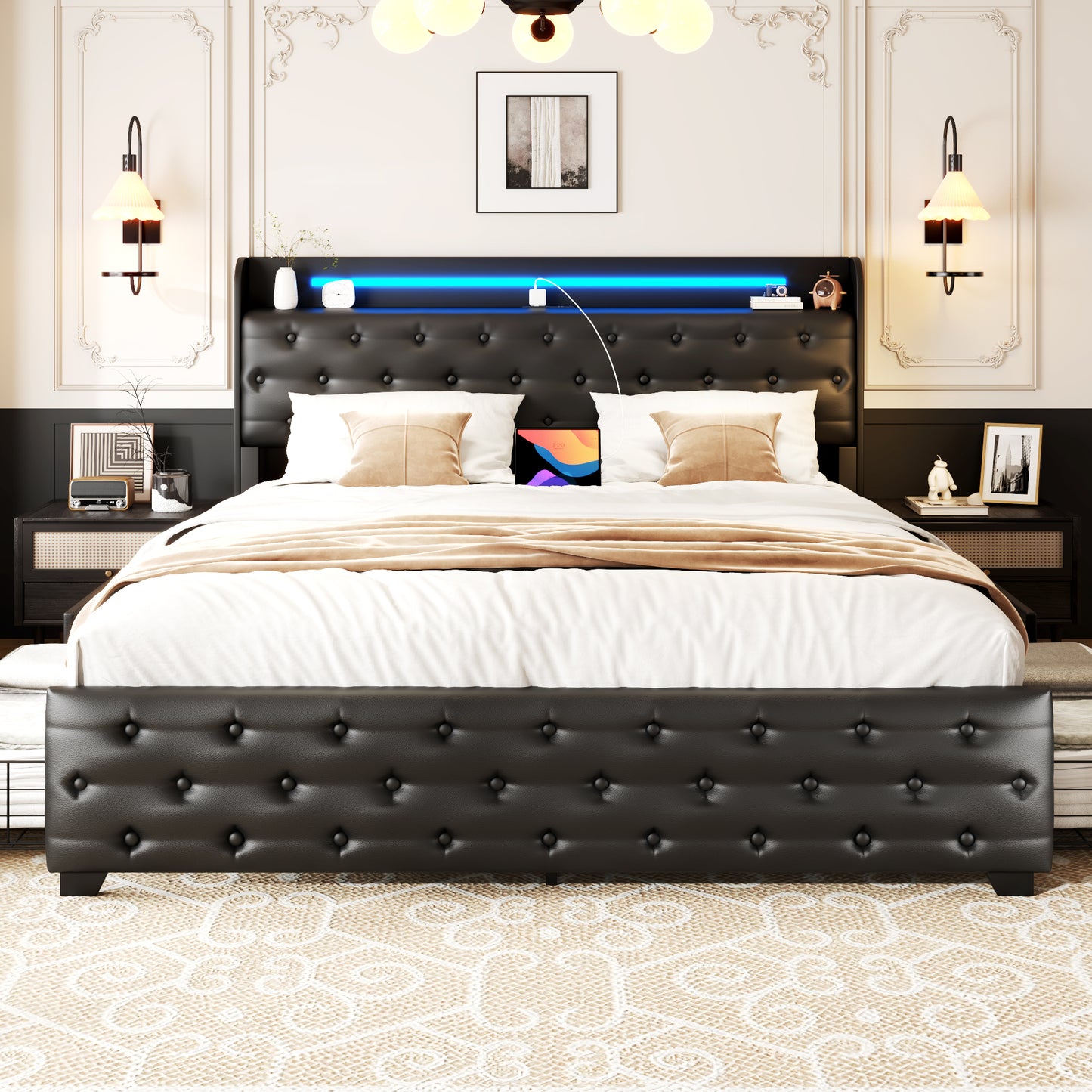 Lifezone Queen Bed Frame with Windback Headboard, Faux Leather Upholstered Storage Platform Bed with Charging Station & 4 Storage Drawers, LED Lights, Metal Support, No Box Spring Needed, Black