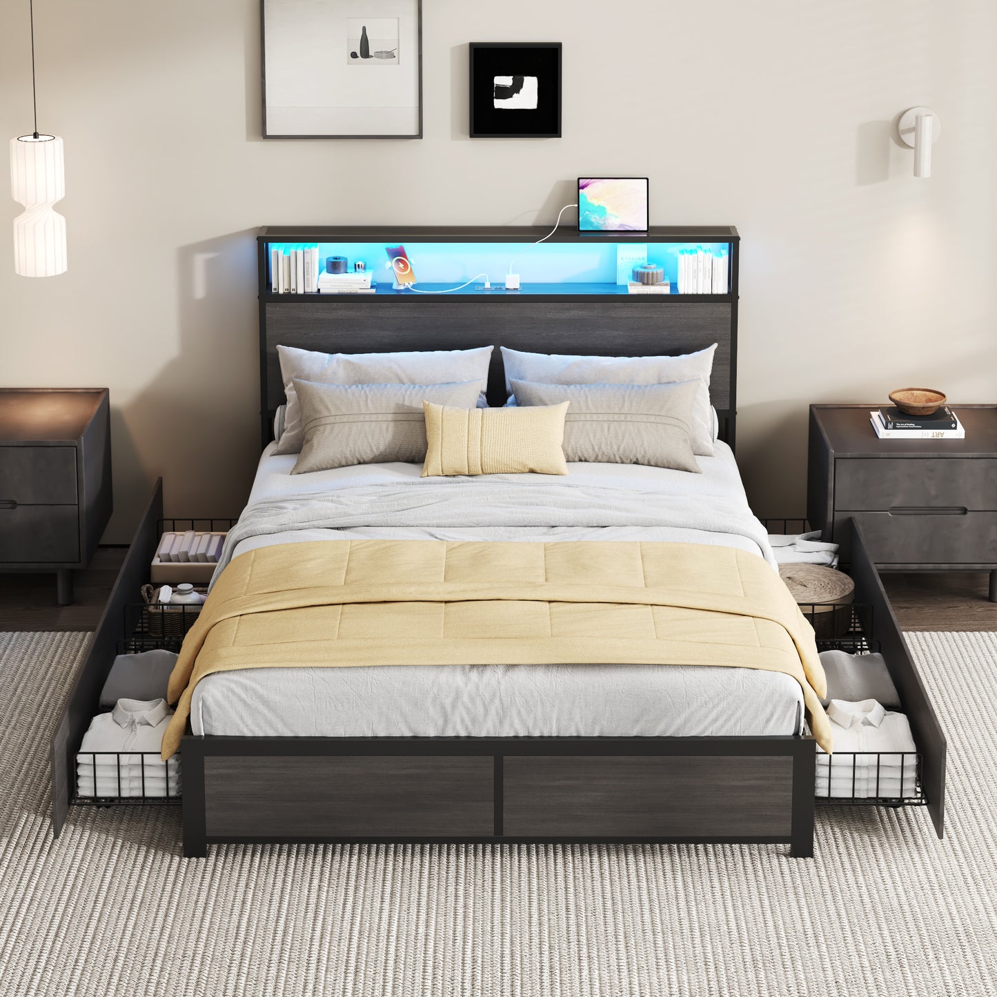 Lifezone Queen Bed Frame with 2-Tier Storage Headboard, Metal Platform Bed Frame with 4 Storage Drawers, Built in Charging Station & LED, Noise-Free/Metal Support/No Box Spring Needed, Vintage Brown