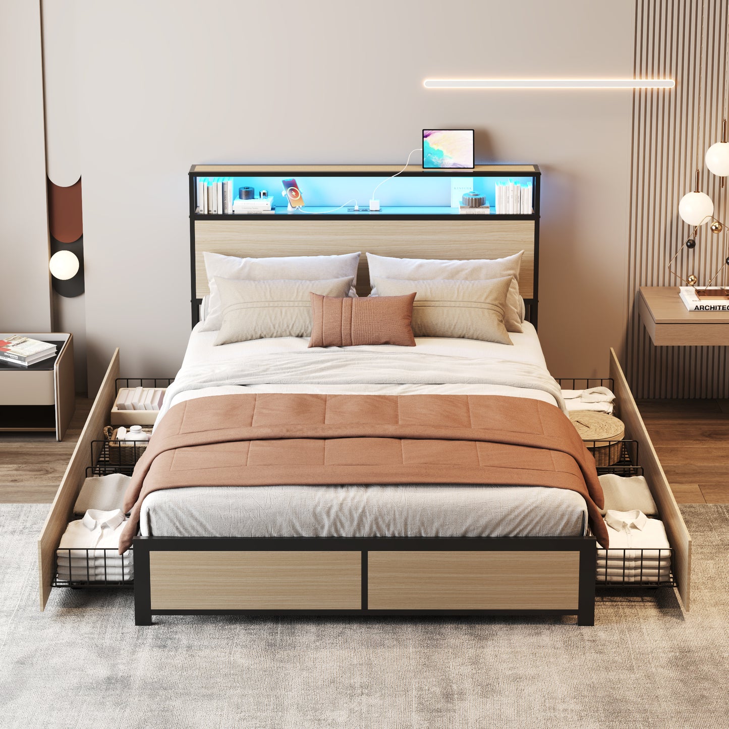 Lifezone Queen Bed Frame with 2-Tier Storage Headboard, Metal Platform Bed Frame with 4 Storage Drawers, Built in Charging Station & LED, Noise-Free/Metal Support/No Box Spring Needed, Vintage Brown