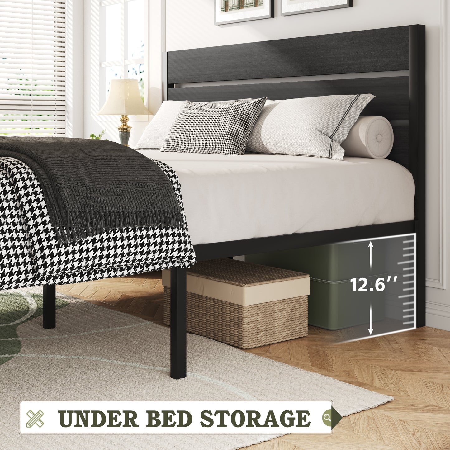Lifezone Queen Bed Frame with Rustic Vintage Wood Headboard and Footboard,Metal Support,Grey