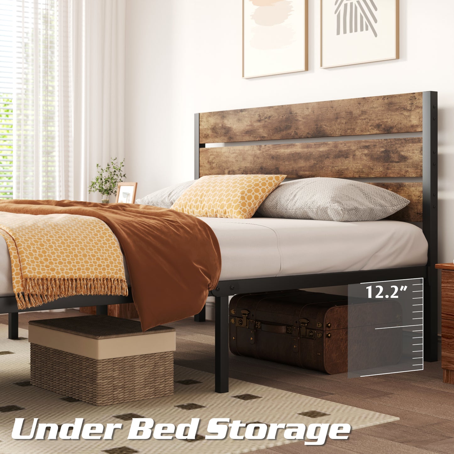 Lifezone Queen Bed Frame with Rustic Vintage Wood Headboard and Footboard, Metal Support, Rustic Brown