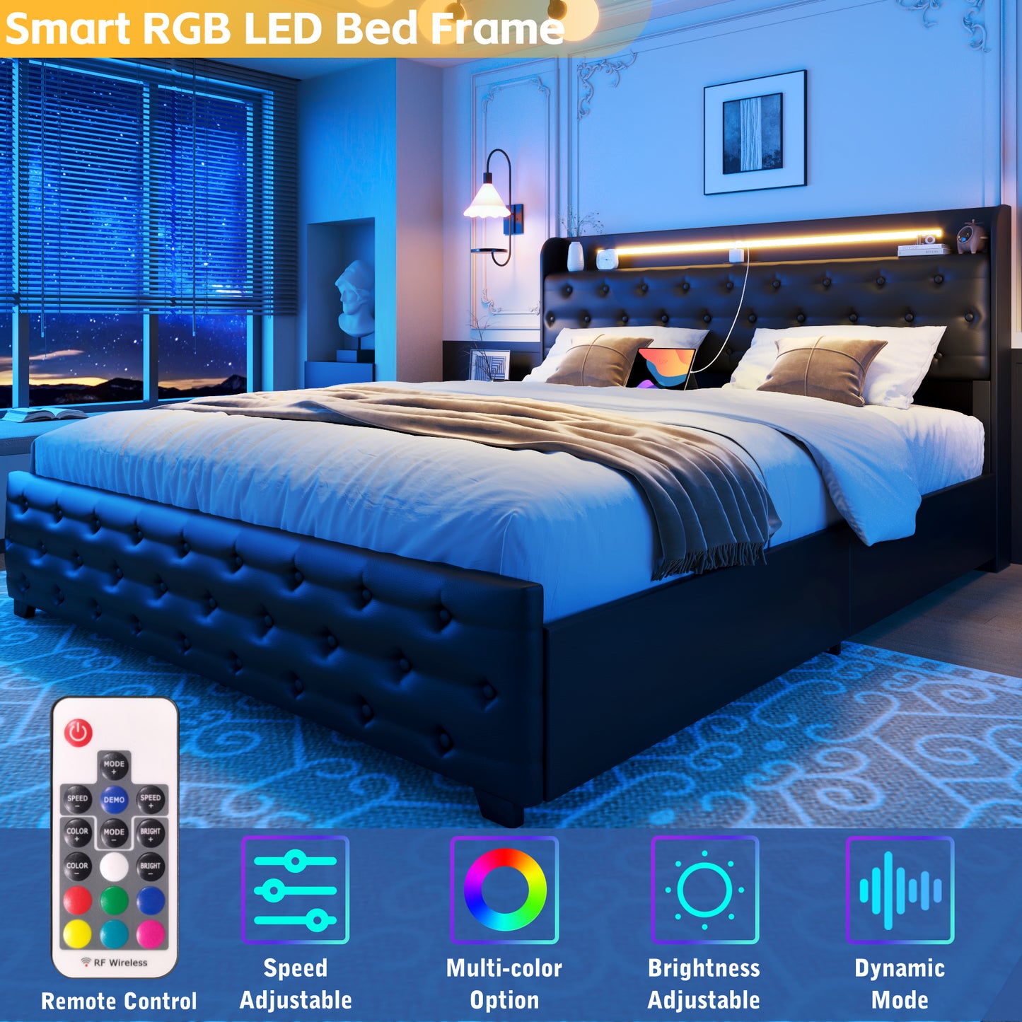 Lifezone Queen Bed Frame with Windback Headboard, Faux Leather Upholstered Storage Platform Bed with Charging Station & 4 Storage Drawers, LED Lights, Metal Support, No Box Spring Needed, Black