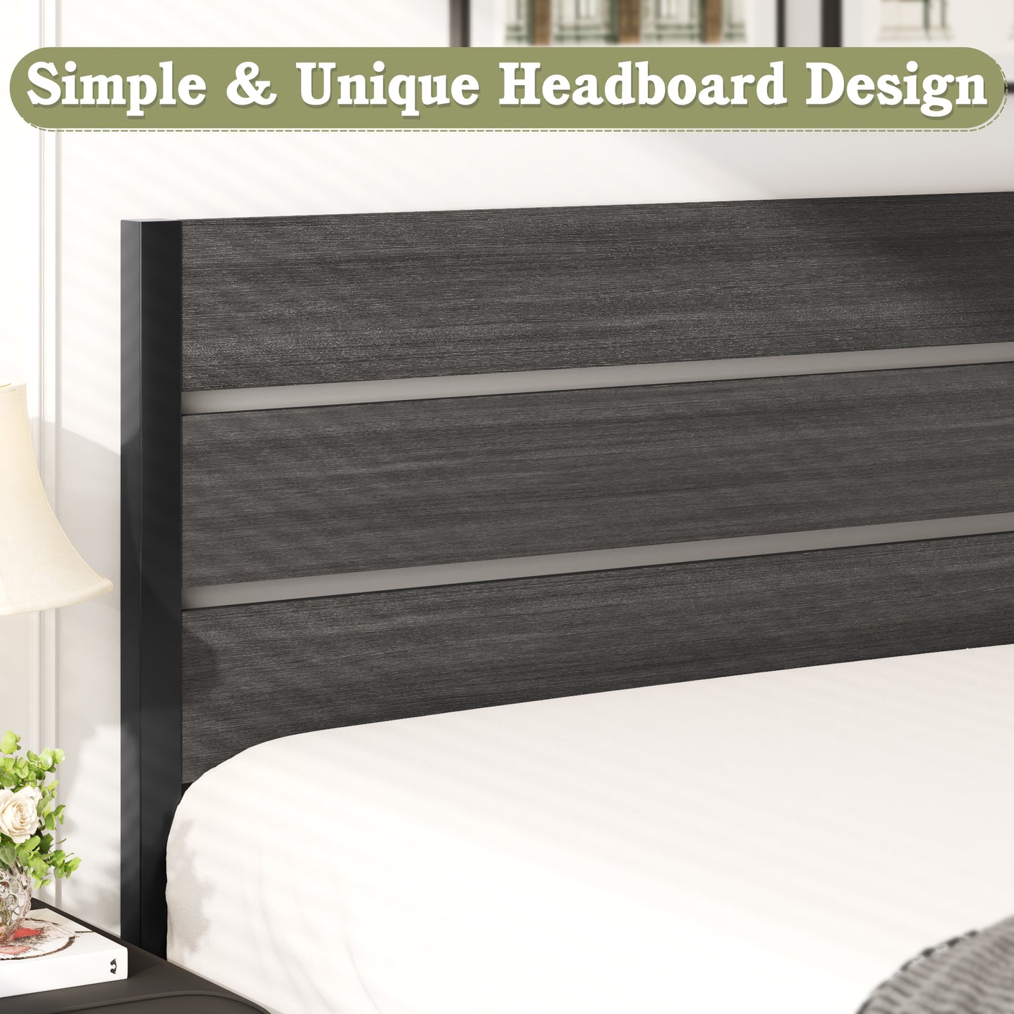 Lifezone Queen Bed Frame with Rustic Vintage Wood Headboard and Footboard,Metal Support,Grey