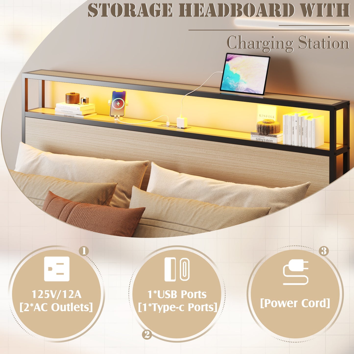 Lifezone Rustic Adult Queen MDF Metal Bookcase Bed with LED Light & Drawers, Beige