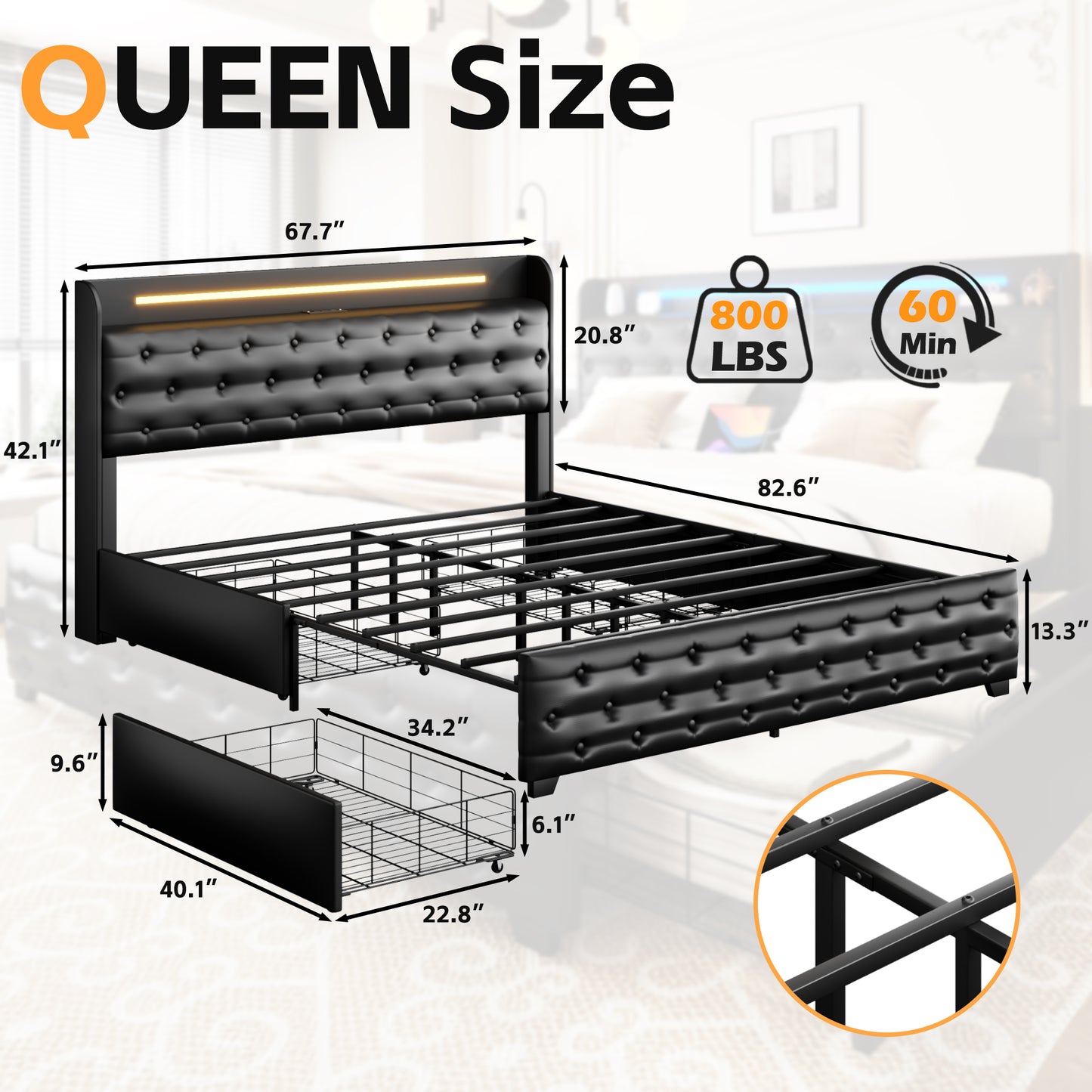 Lifezone Queen Bed Frame with Windback Headboard, Faux Leather Upholstered Storage Platform Bed with Charging Station & 4 Storage Drawers, LED Lights, Metal Support, No Box Spring Needed, Black