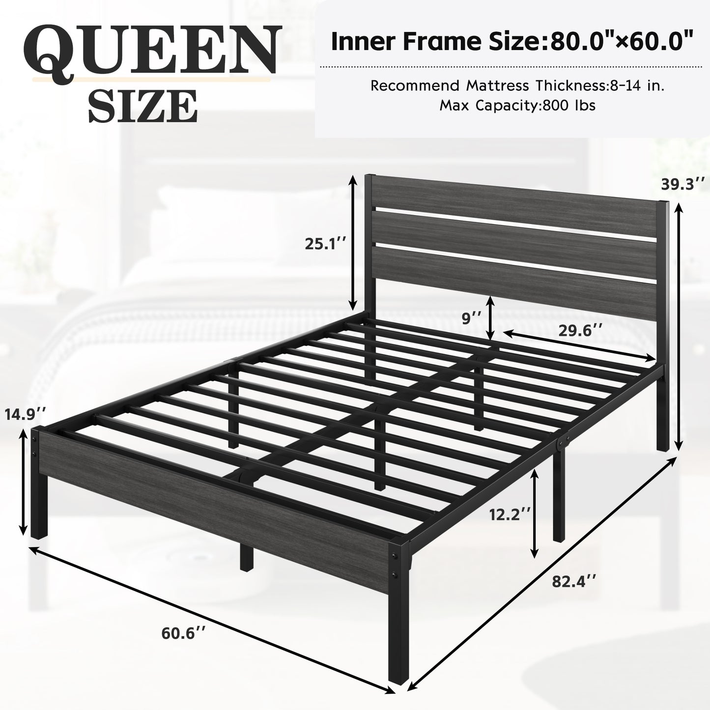 Lifezone Queen Bed Frame with Rustic Vintage Wood Headboard and Footboard,Metal Support,Grey