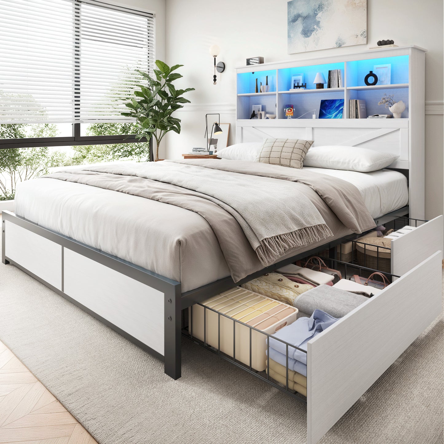 Lifezone Queen Size Platform Bed Frame with High Storage Bookcase Headboard, Queen Bed Frame with 4 Storage Drawers,Charging Station & LED, No Box Spring Needed/Noise Free