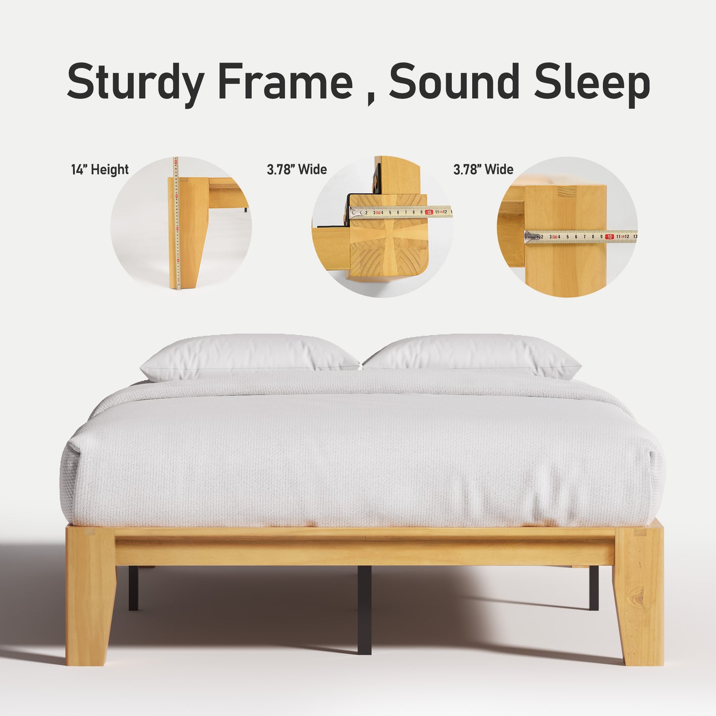 Lifezone Wood Queen Platform Bed Frame, Premium Solid Wood, Sturdy Structure, 3.78” Thickened & 14” Height Legs, Easily Assemble, Mortise & Tenon Joints Patterns, Natural
