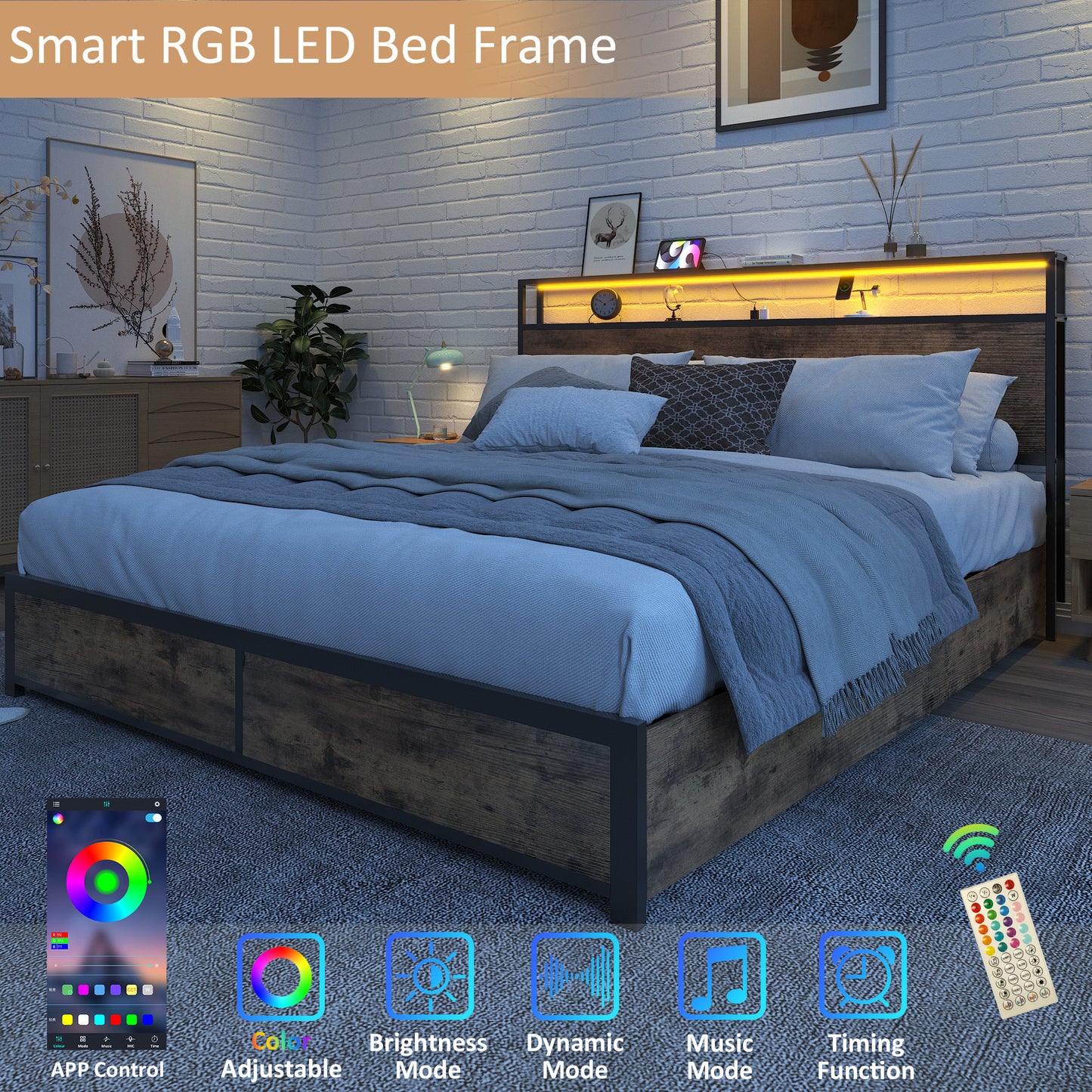 Lifezone Queen Bed Frame with 2-Tier Storage Headboard, Metal Platform Bed Frame with 4 Storage Drawers, Built in Charging Station & LED, Noise-Free/Metal Support/No Box Spring Needed, Vintage Brown