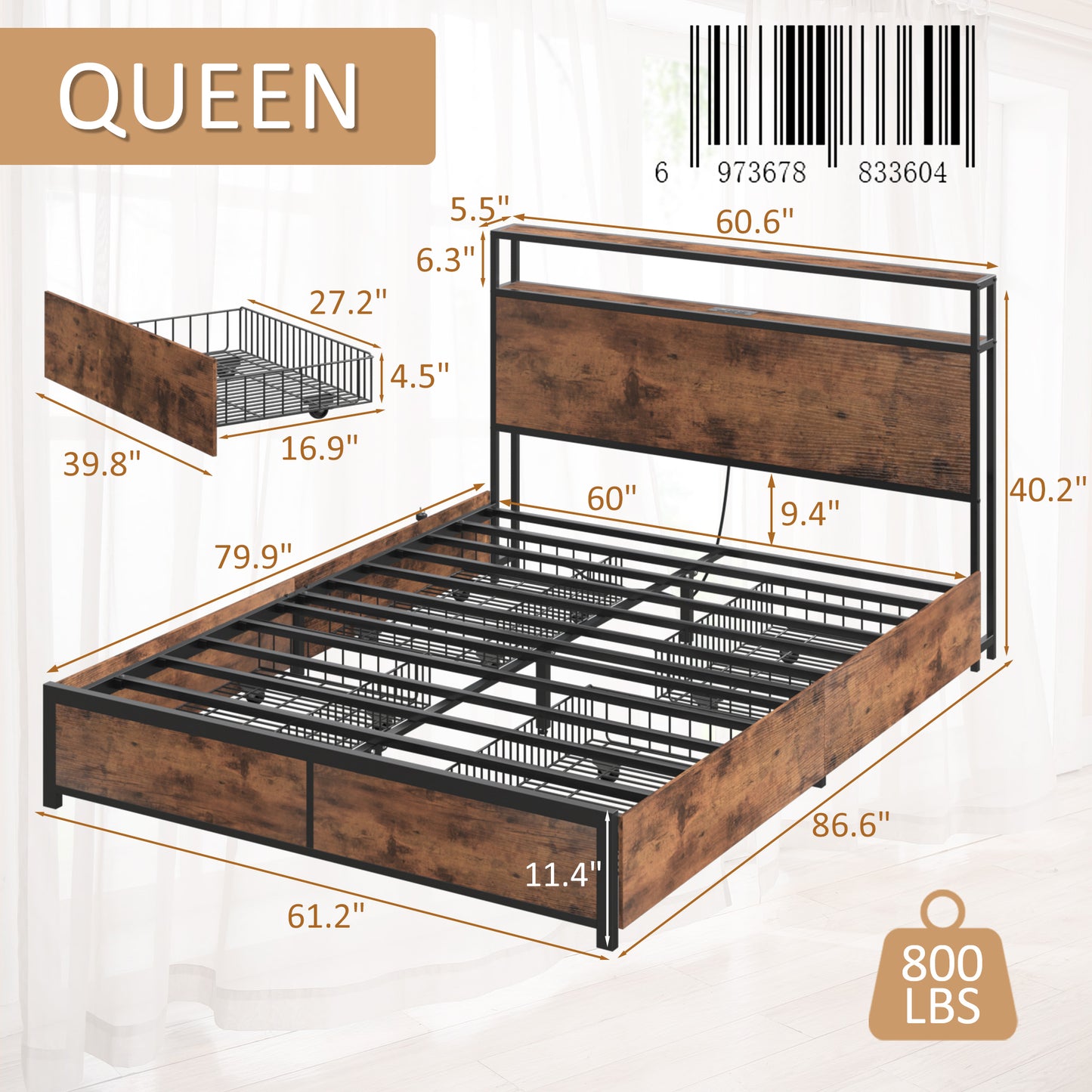 Lifezone Queen Bed Frame with 2-Tier Storage Headboard, Metal Platform Bed Frame with 4 Storage Drawers, Built in Charging Station & LED, Noise-Free/Metal Support/No Box Spring Needed, Vintage Brown