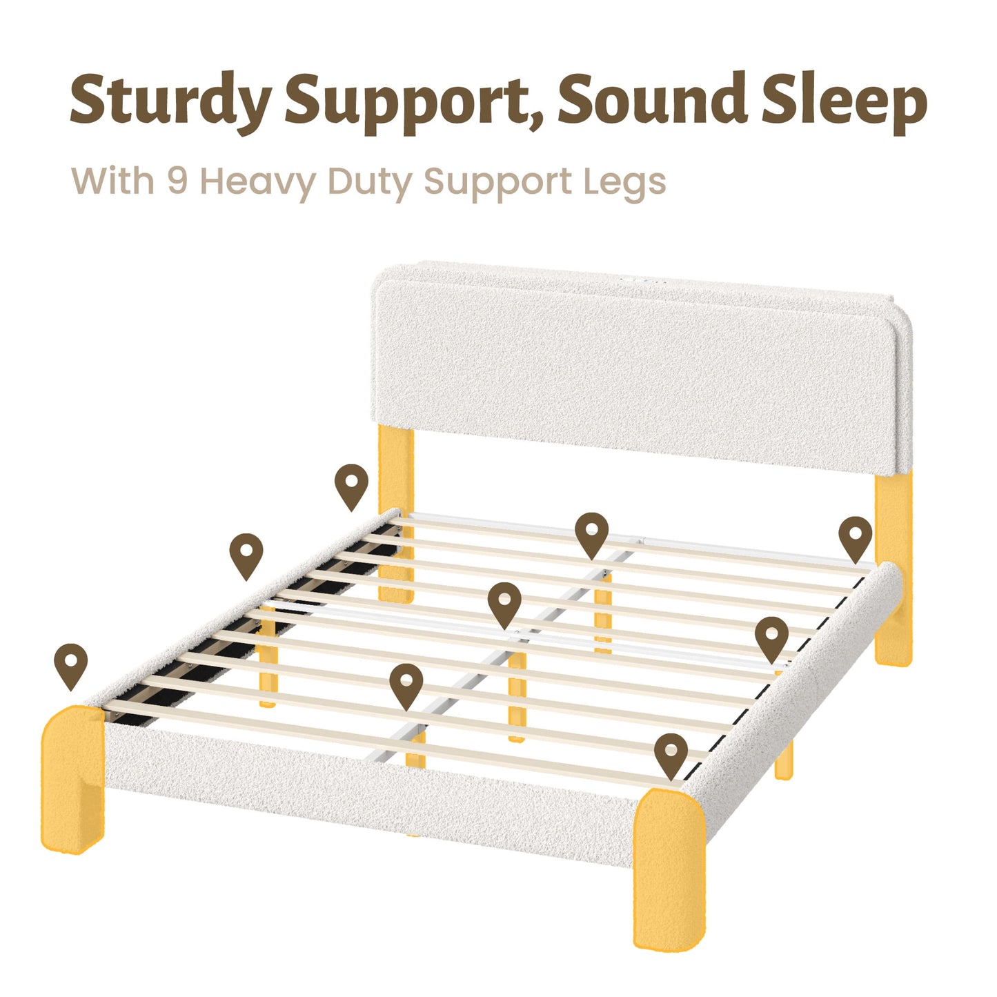 Fluest Queen Size Boucle Upholstered Bed Frame, Cloud Headboard, Built-in Charging Station & LED Lights, Beige, No Box Spring Needed