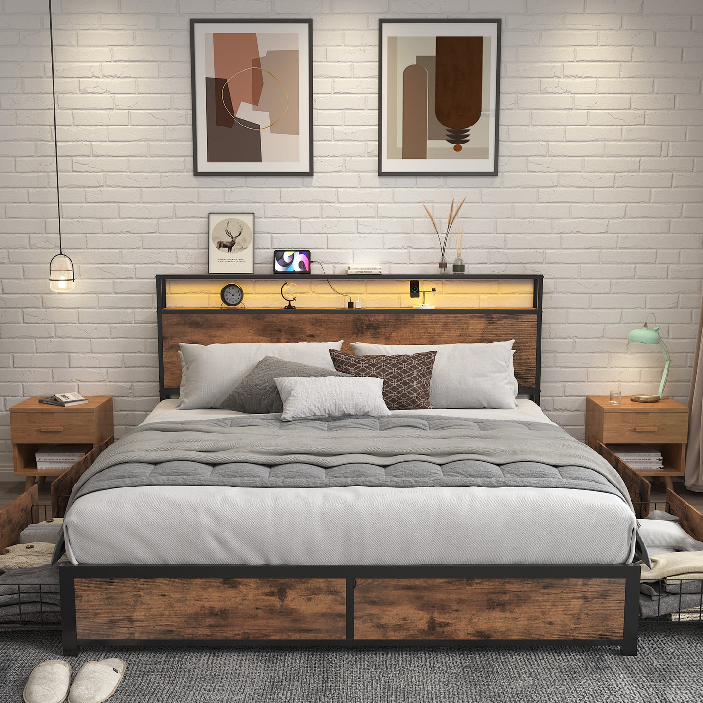 Lifezone Queen Bed Frame with 2-Tier Storage Headboard, Metal Platform Bed Frame with 4 Storage Drawers, Built in Charging Station & LED, Noise-Free/Metal Support/No Box Spring Needed, Vintage Brown