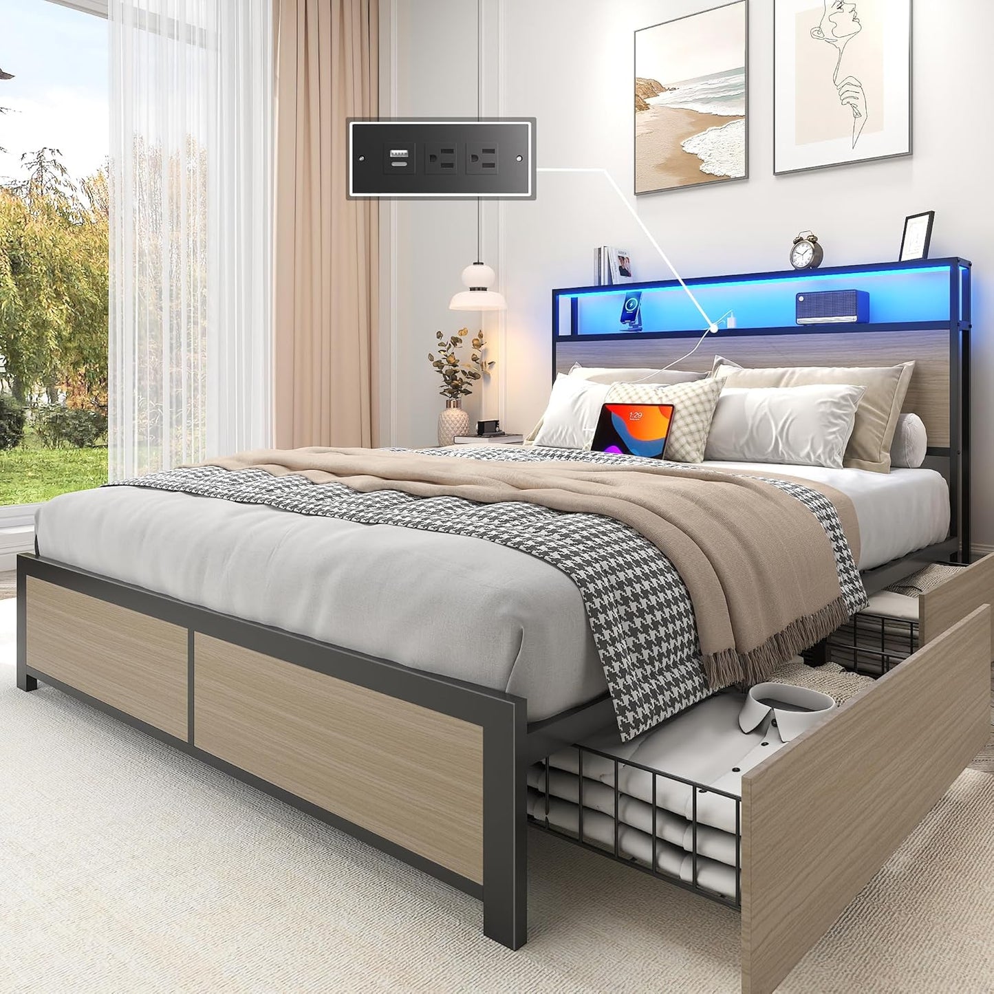 Lifezone Bed Frame with 2-Tier Storage Headboard, Metal Platform Bed Frame with 4 Storage Drawers, Built in Charging Station & LED, Noise-Free/Metal Support/No Box Spring Needed