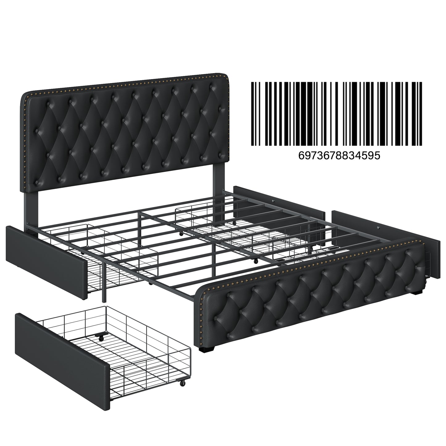 Lifezone Queen Size Platform Bed Frame with 4 Storage Drawers and Upholstered Headboard, Dark Grey