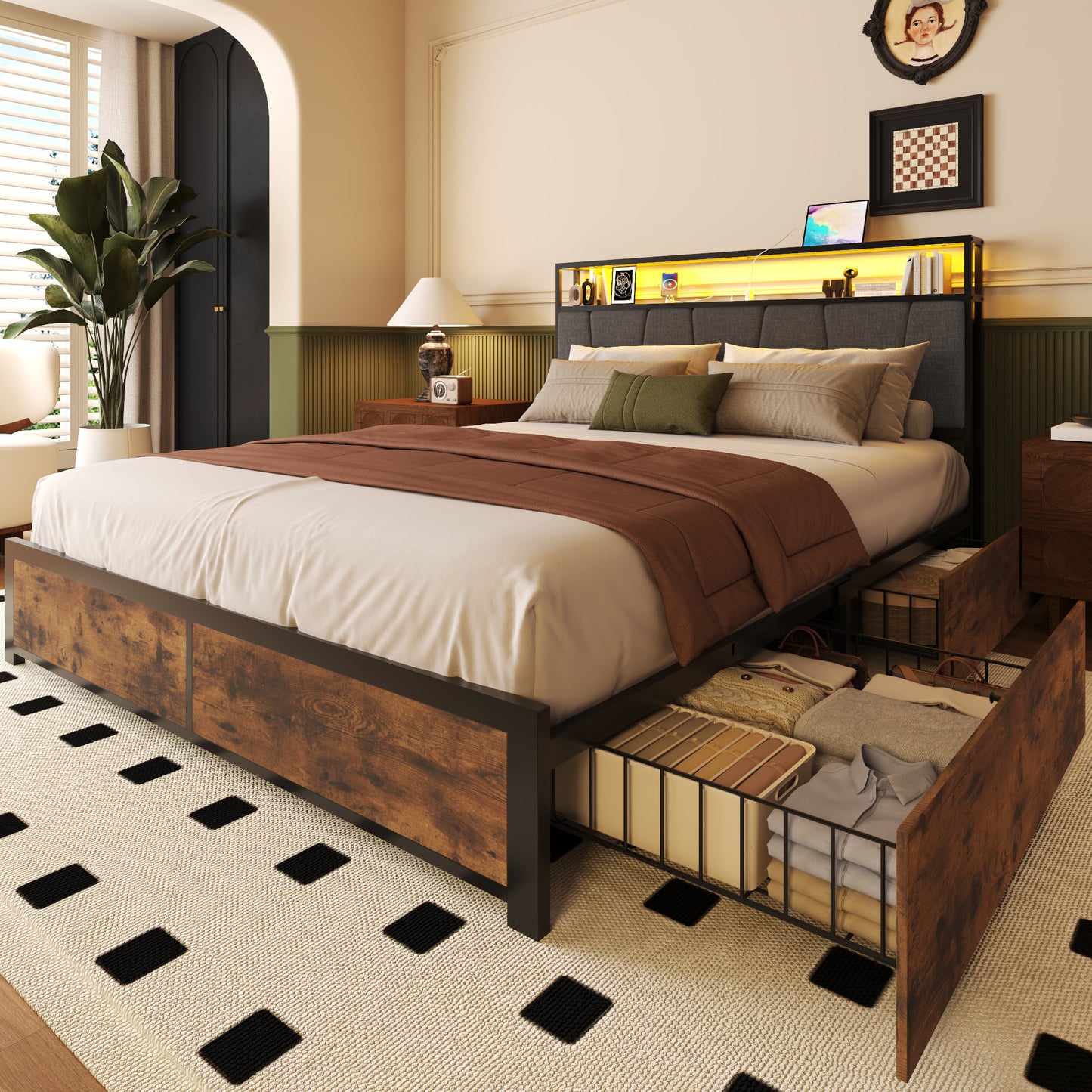 Lifezone Queen Bed Frame with Headboard Platform Bed with Charging Station & LED, 4 Storage Drawers, Metal Support