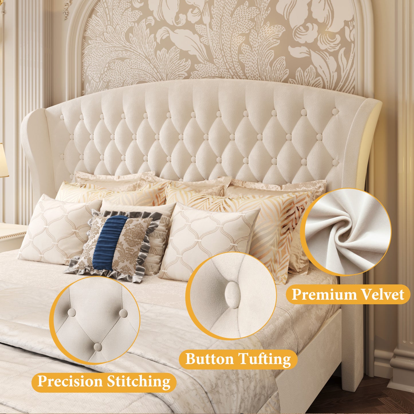 Lifezone Queen Bed Frame with Scroll Wingback Headboard, 52.5" Tall Velvet Upholstered Sleigh Bed Frame, Easily Assemble No Box Spring Needed, Beige