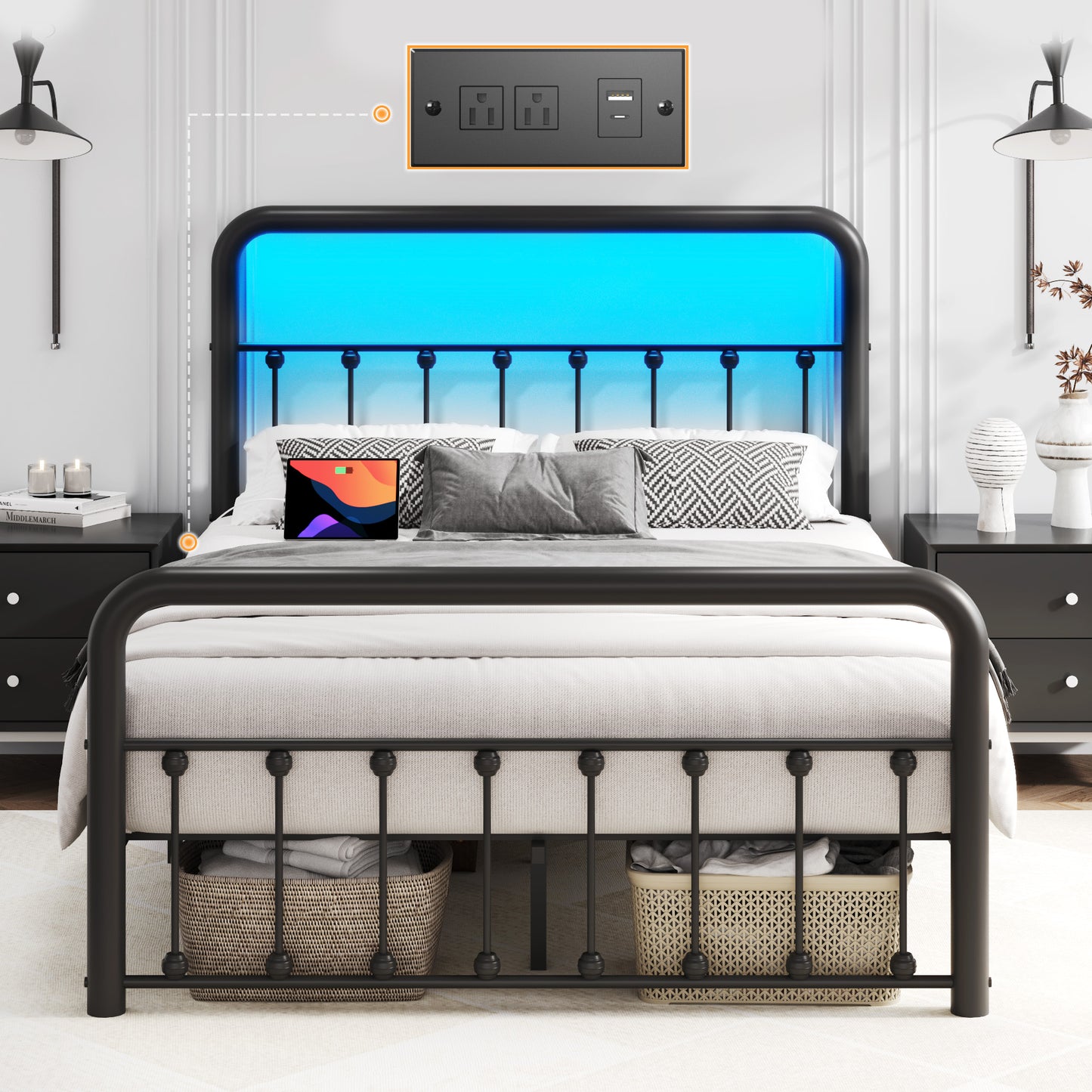 Lifezone Queen bed frame, classic metal platform bed frame, with charging station and LED, no need for springs, no noise, black
