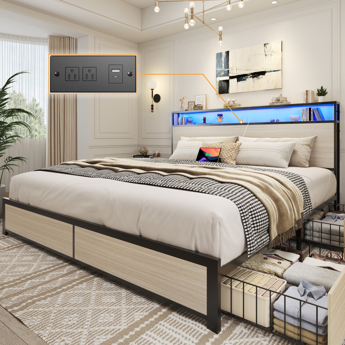 Lifezone King Size Bed Frame with 2-Tier Bookcase Headboard Platform Bed with Charging Station & LED, 4 Storage Drawers, Metal Support, No Box Spring Needed, Noise Free, Grey