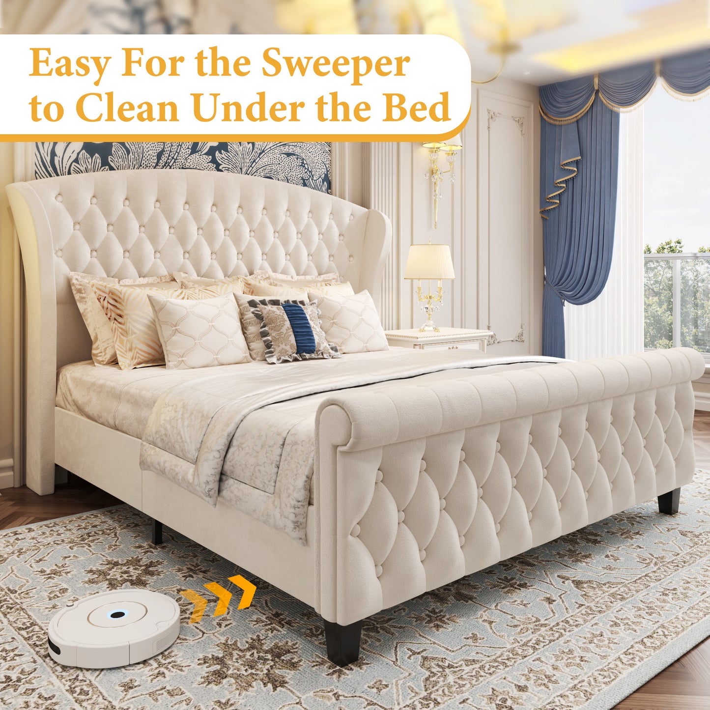 Lifezone Queen Bed Frame with Scroll Wingback Headboard, 52.5" Tall Velvet Upholstered Sleigh Bed Frame, Easily Assemble No Box Spring Needed, Beige