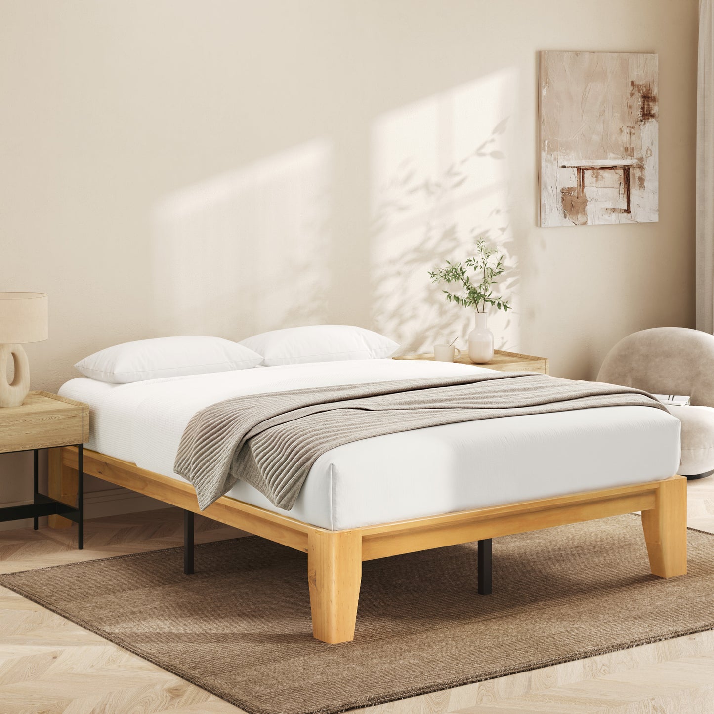 Lifezone Wood Queen Platform Bed Frame, Premium Solid Wood, Sturdy Structure, 3.78” Thickened & 14” Height Legs, Easily Assemble, Mortise & Tenon Joints Patterns, Natural