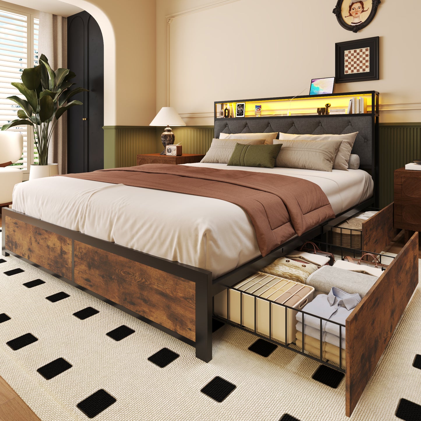 Lifezone Queen Bed Frame with Headboard Platform Bed with Charging Station & LED, 4 Storage Drawers, Metal Support
