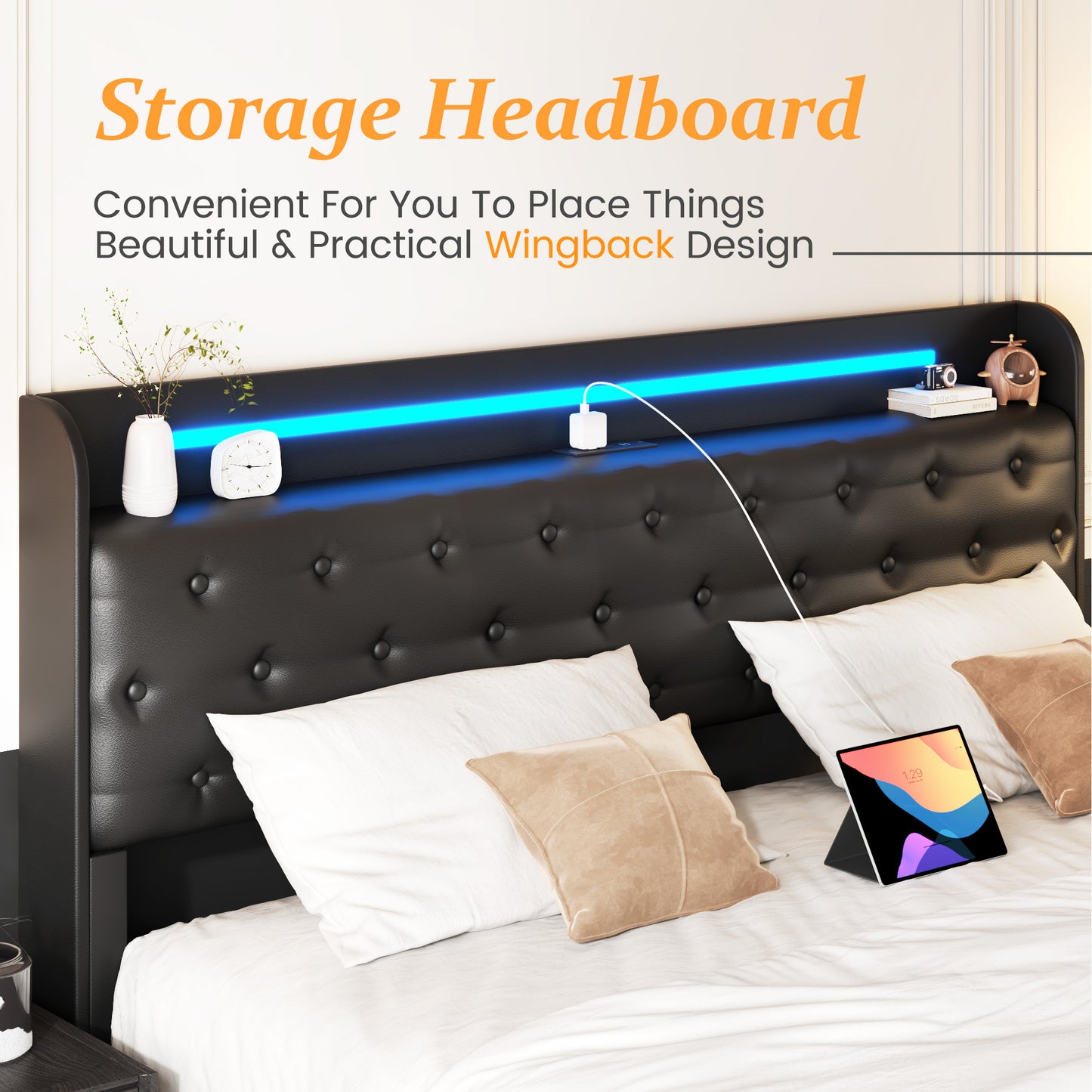 Lifezone Queen Bed Frame with Windback Headboard, Faux Leather Upholstered Storage Platform Bed with Charging Station & 4 Storage Drawers, LED Lights, Metal Support, No Box Spring Needed, Black