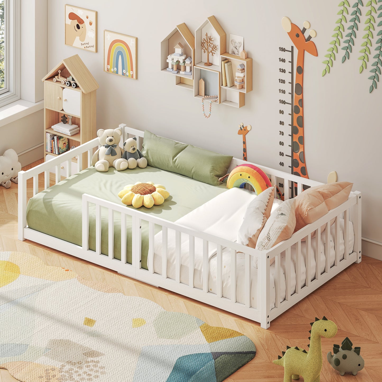 Toddler Floor Bed with Wood Slats, Twin Size Montessori Bed Frame for Girls and Boys, high Safety Guardrails, No Box Spring Needed, White