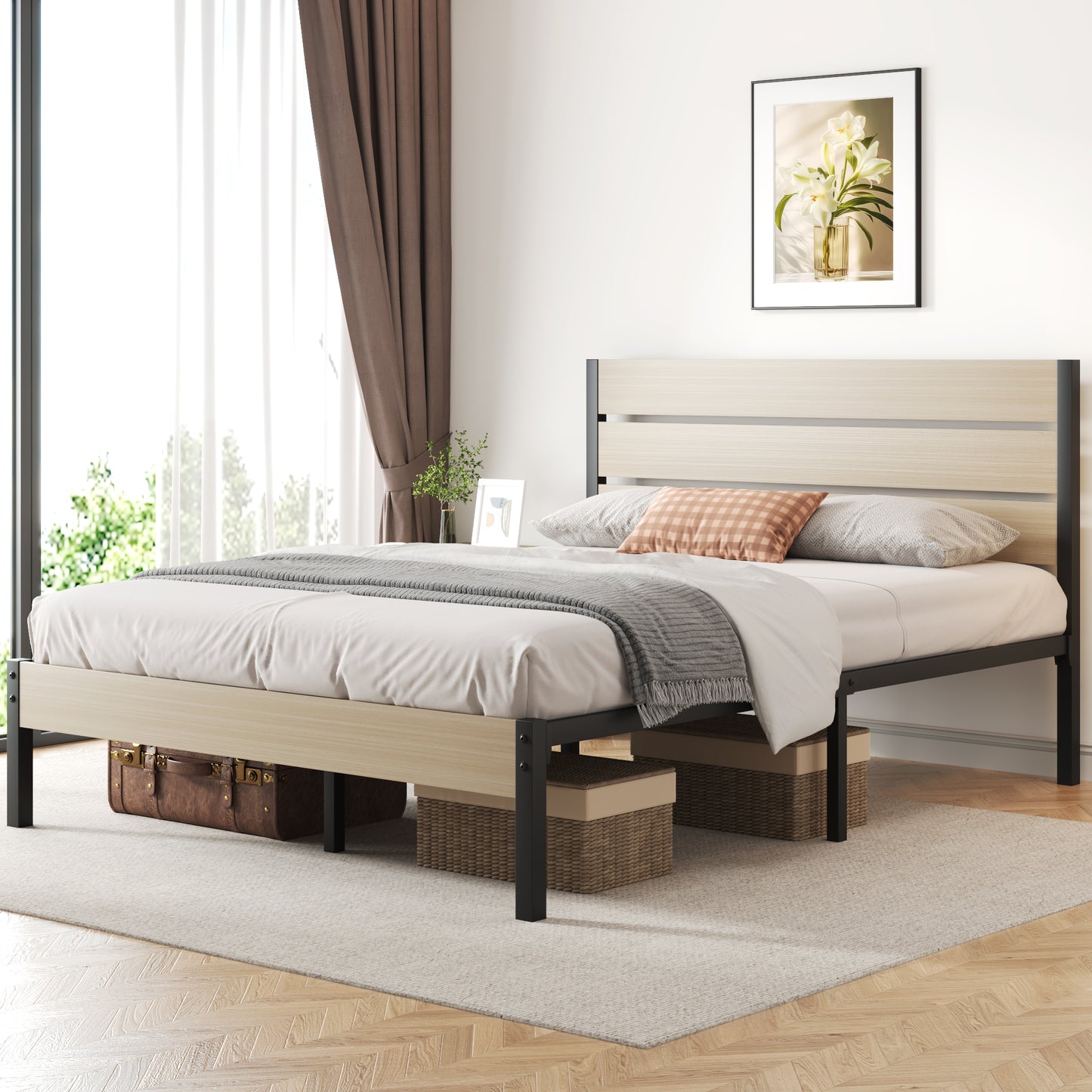 Lifezone Queen Bed Frame with Rustic Vintage Wood Headboard and Footboard,Metal Support,Grey