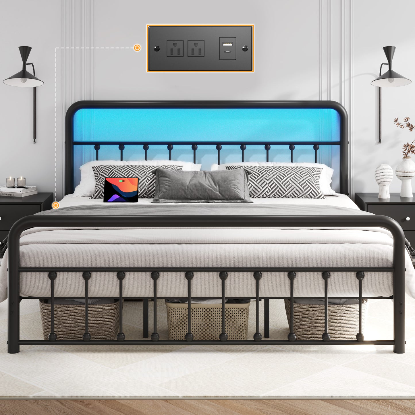 Lifezone Queen bed frame, classic metal platform bed frame, with charging station and LED, no need for springs, no noise, black