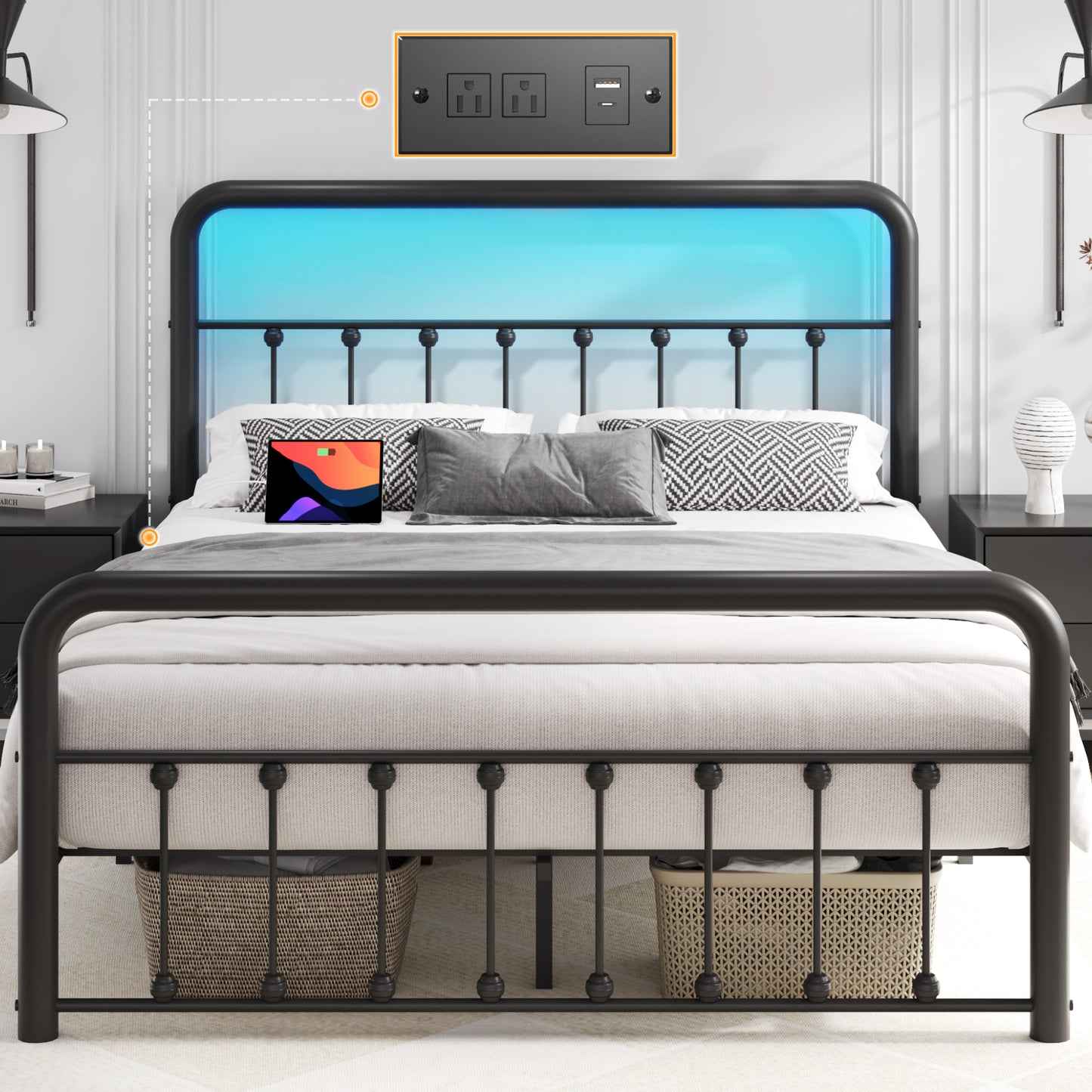 Lifezone Queen bed frame, classic metal platform bed frame, with charging station and LED, no need for springs, no noise, black