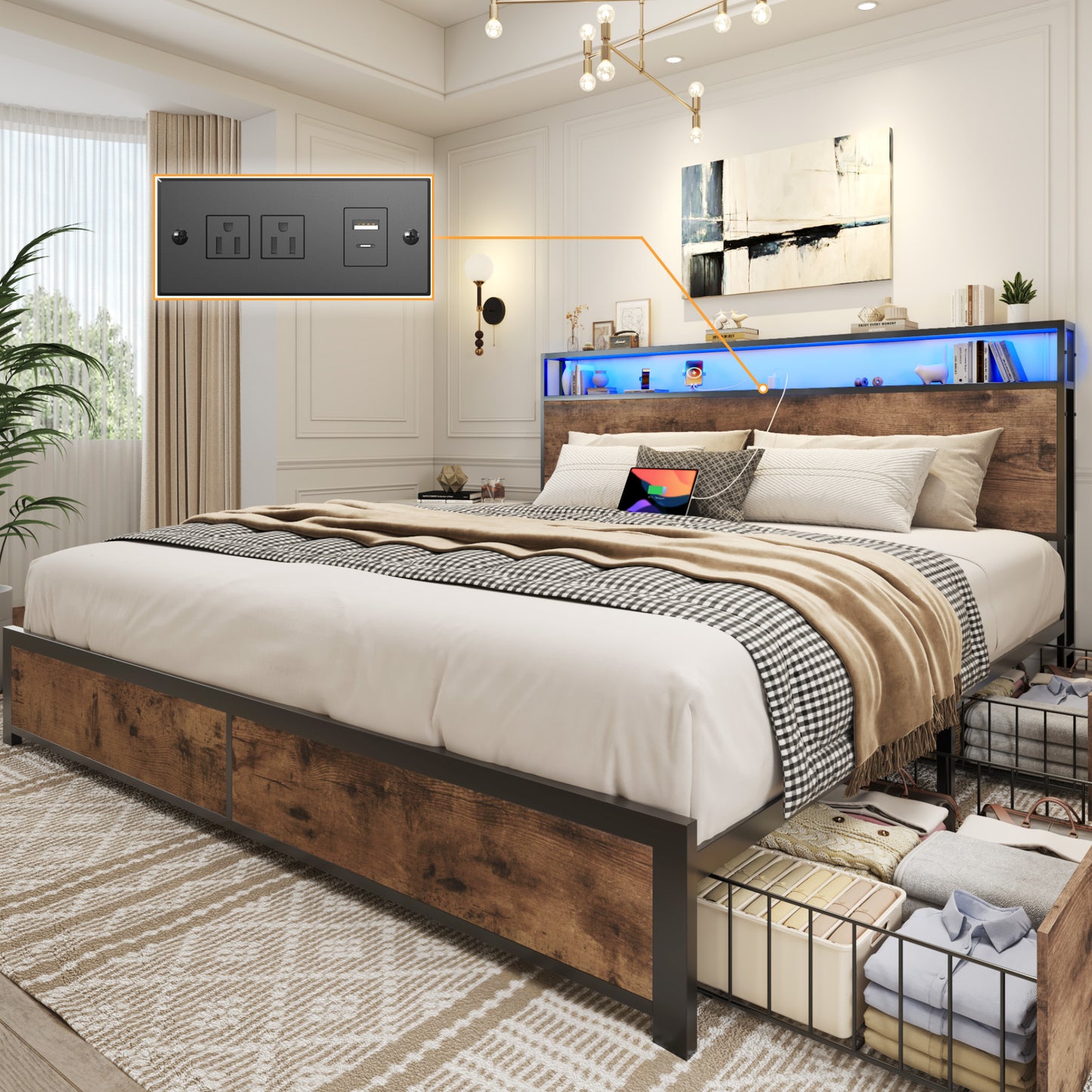 Lifezone King Size Bed Frame with 2-Tier Bookcase Headboard Platform Bed with Charging Station & LED, 4 Storage Drawers, Metal Support, No Box Spring Needed, Noise Free, Grey