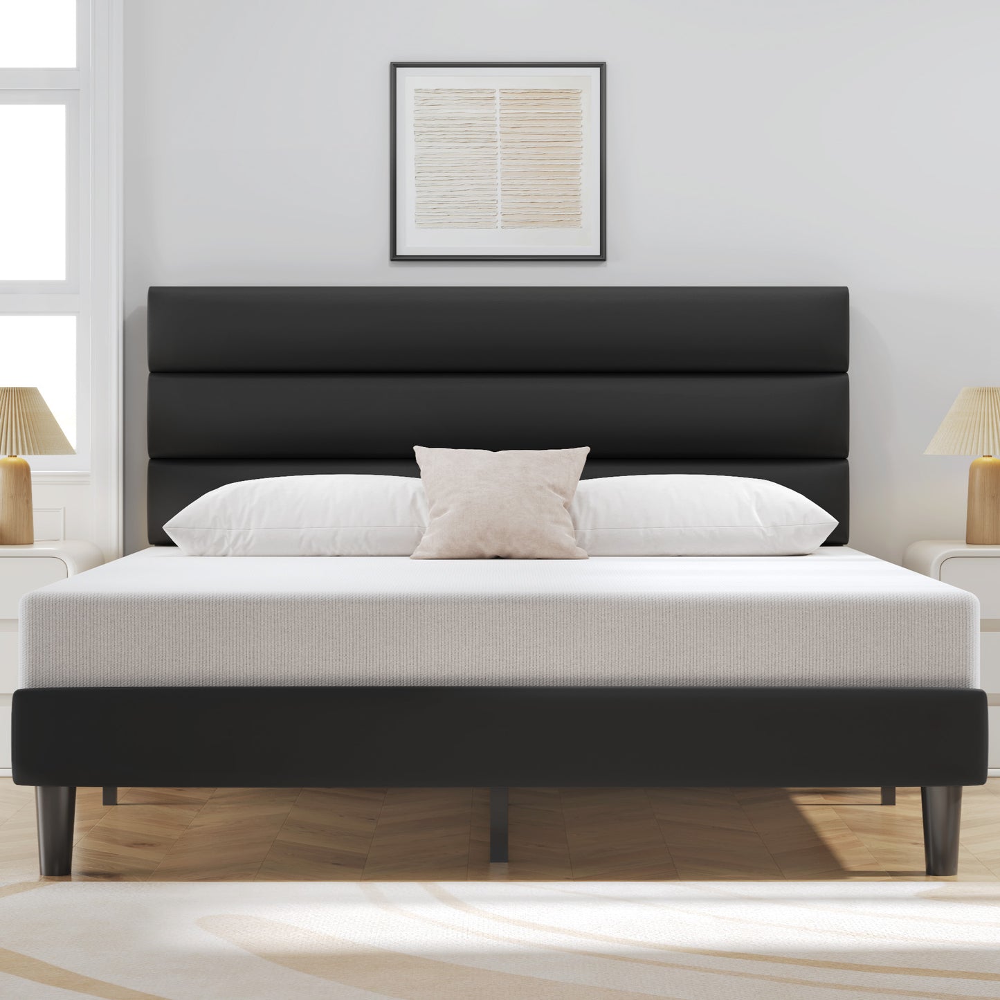 Queen Bed Frame, Platform Bed Frame with Velvet Upholstered Headboard, No Box Spring Needed, Sturdy Metal Support, Noise Free, Easy Assembly, Modern Bedroom Furniture