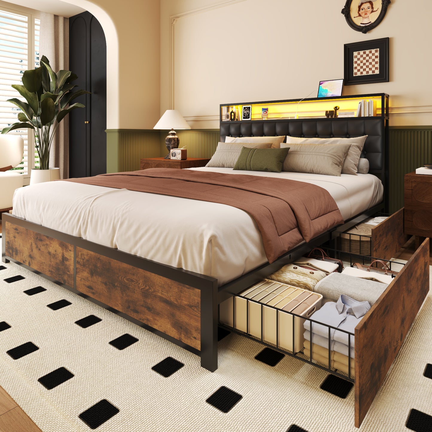 Lifezone Queen Bed Frame with Headboard Platform Bed with Charging Station & LED, 4 Storage Drawers, Metal Support