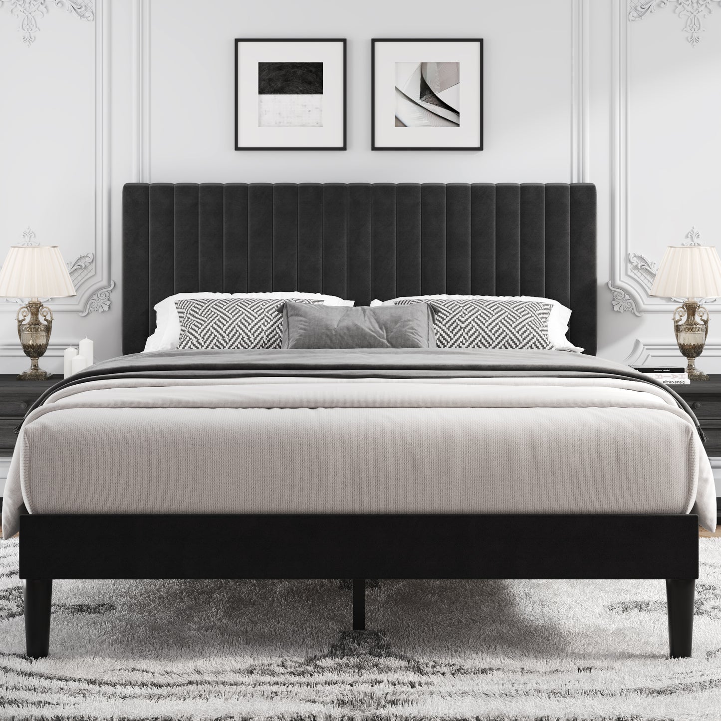 Lifezone Queen Bed Frame with Adjustable headboard,Velvet Upholstered Headboard with Wood Slats Support,Easy Assembly,No Box Spring Needed,Black