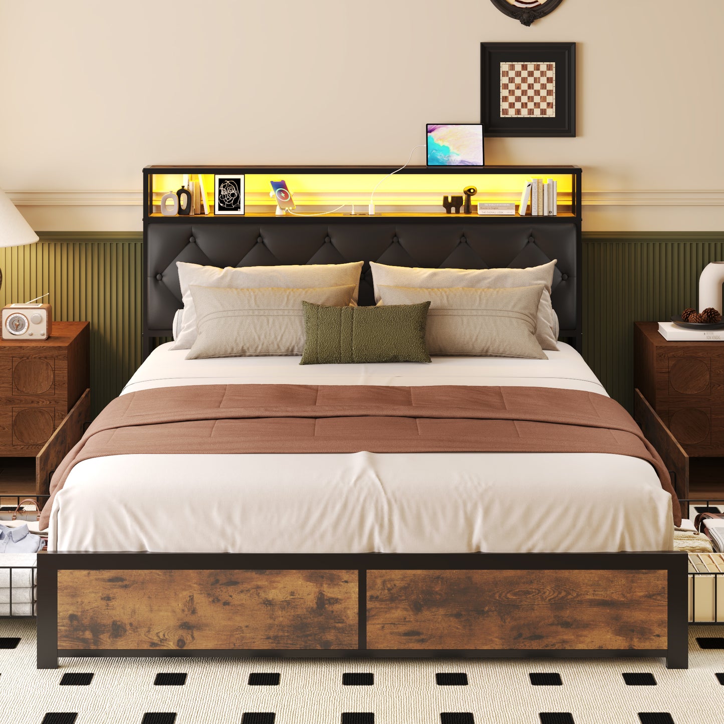 Lifezone Queen Bed Frame with Headboard Platform Bed with Charging Station & LED, 4 Storage Drawers, Metal Support