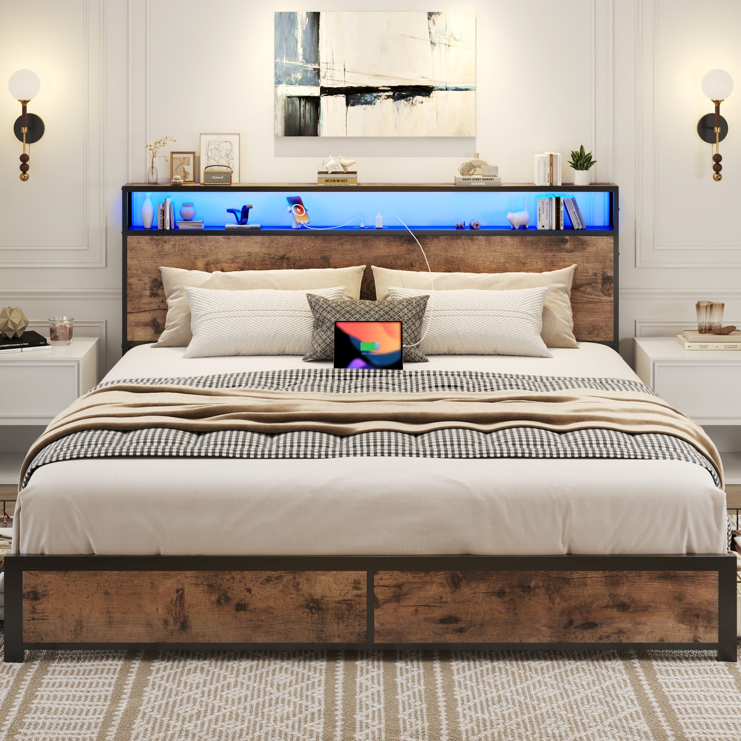 Lifezone King Size Bed Frame with 2-Tier Bookcase Headboard Platform Bed with Charging Station & LED, 4 Storage Drawers, Metal Support, No Box Spring Needed, Noise Free, Grey