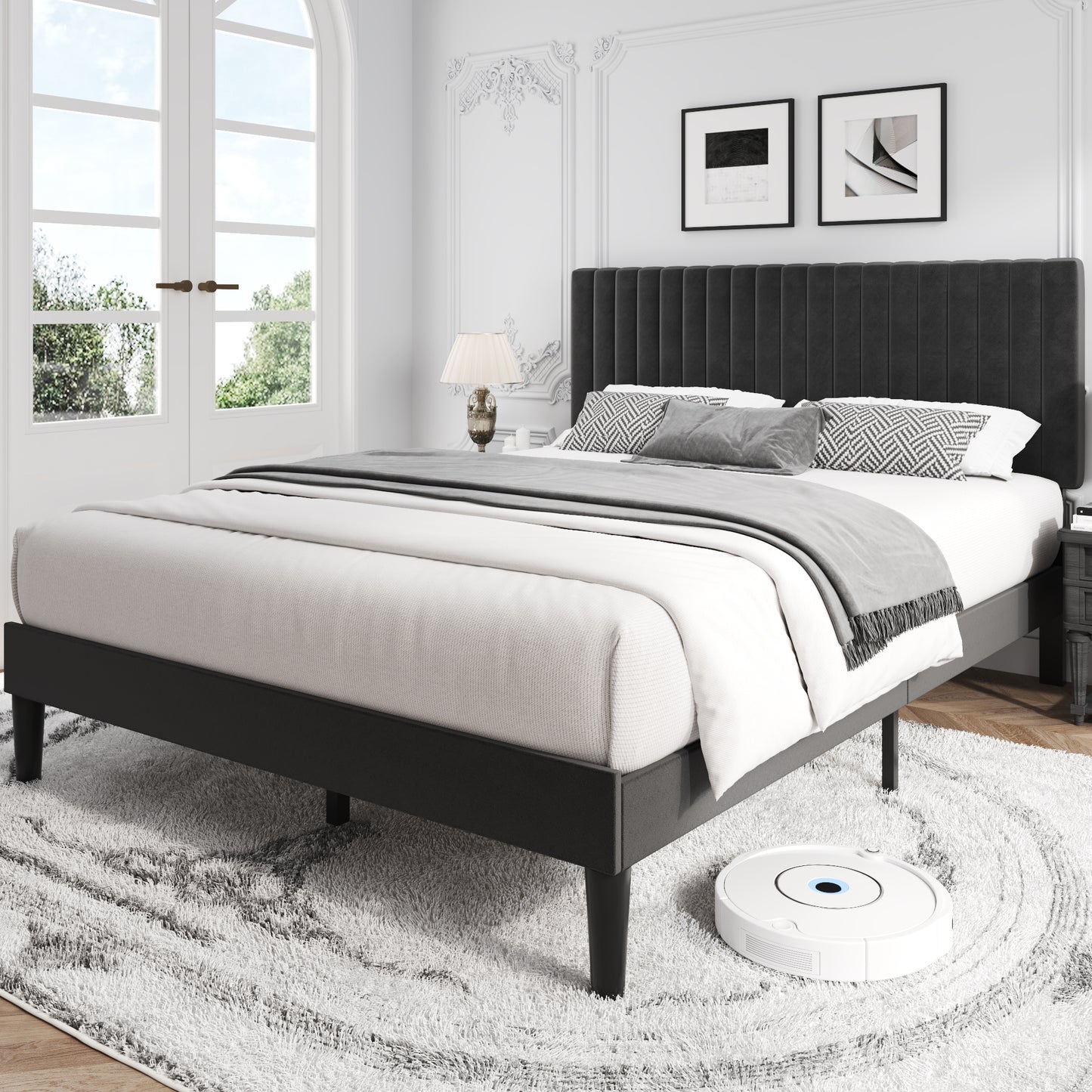 Lifezone Queen Bed Frame with Adjustable headboard,Velvet Upholstered Headboard with Wood Slats Support,Easy Assembly,No Box Spring Needed,Black