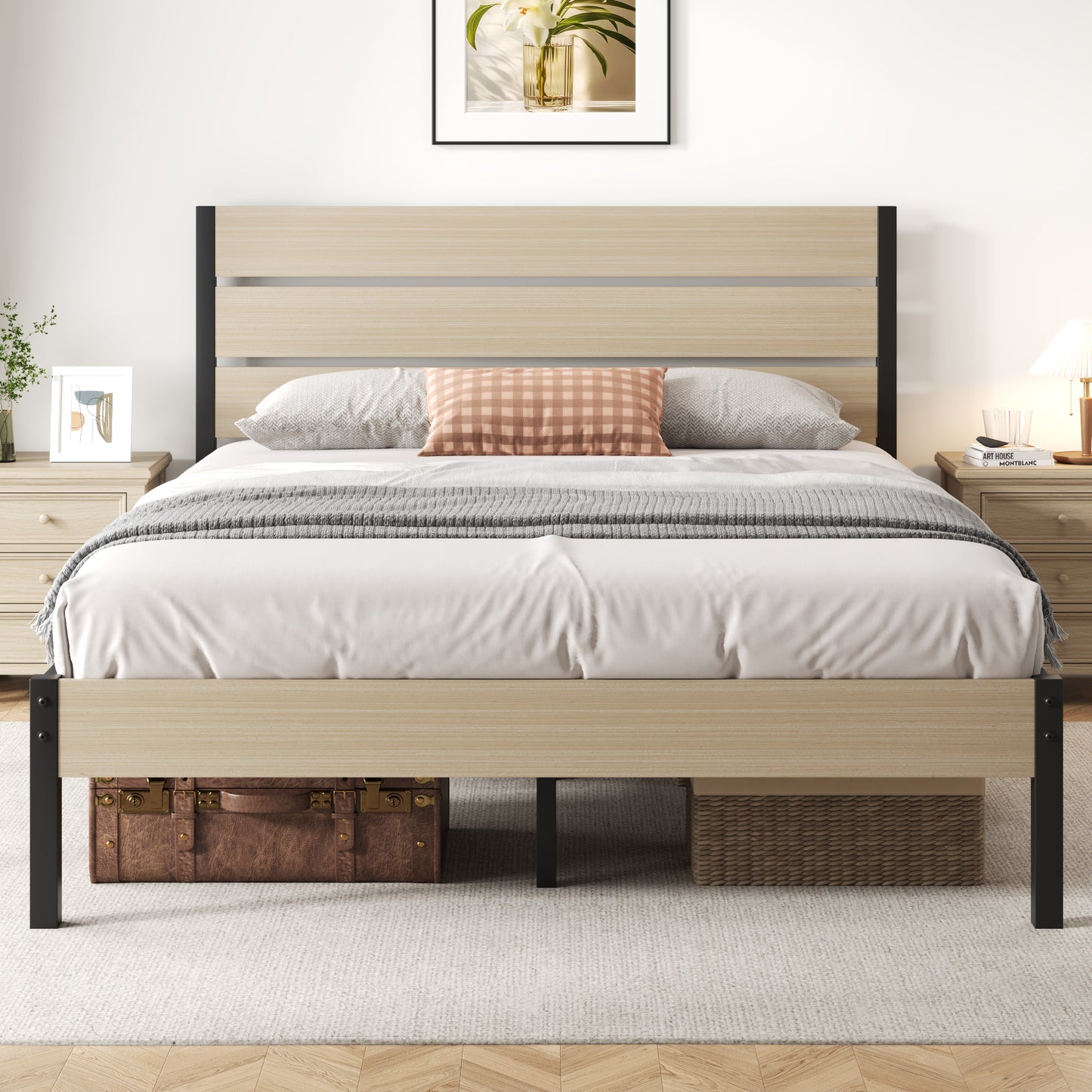 Lifezone Queen Bed Frame with Rustic Vintage Wood Headboard and Footboard,Metal Support,Grey
