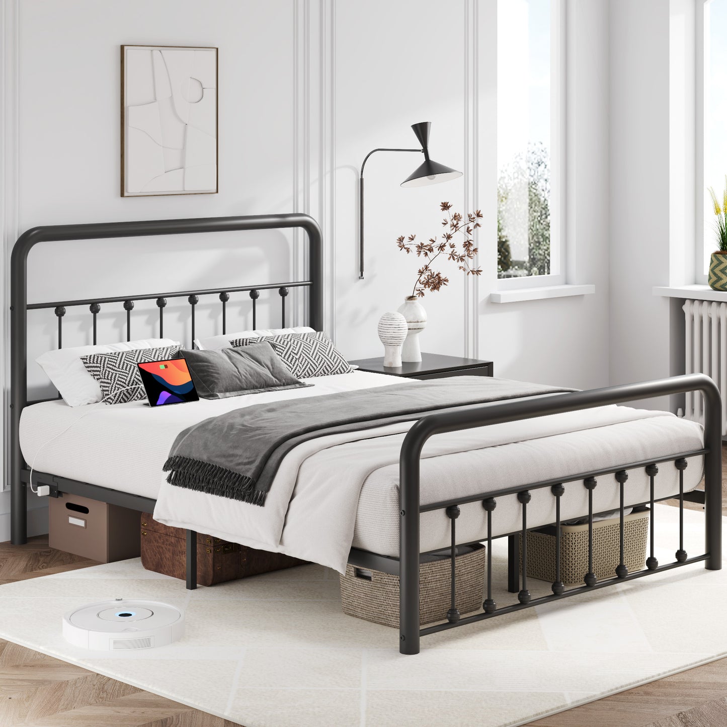 Lifezone Queen bed frame, classic metal platform bed frame, with charging station and LED, no need for springs, no noise, black