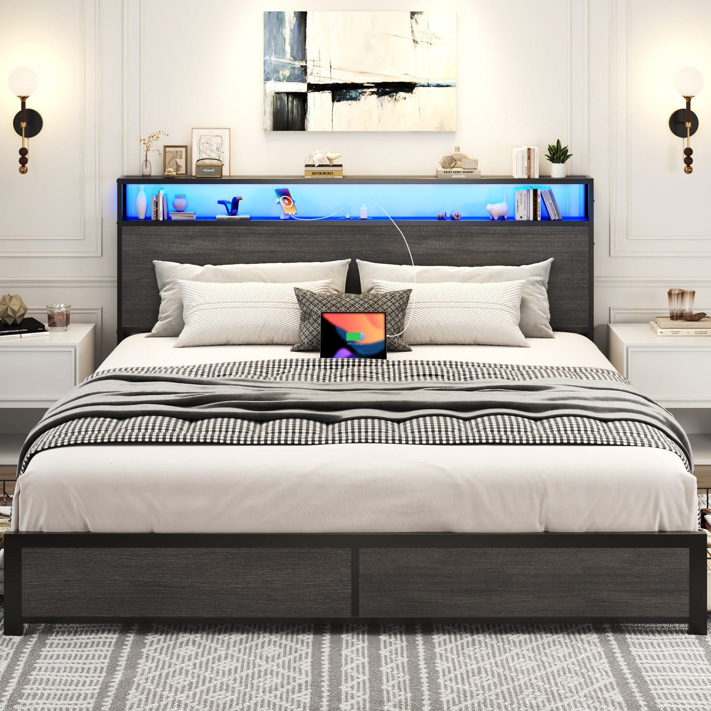 Lifezone King Size Bed Frame with 2-Tier Bookcase Headboard Platform Bed with Charging Station & LED, 4 Storage Drawers, Metal Support, No Box Spring Needed, Noise Free, Grey
