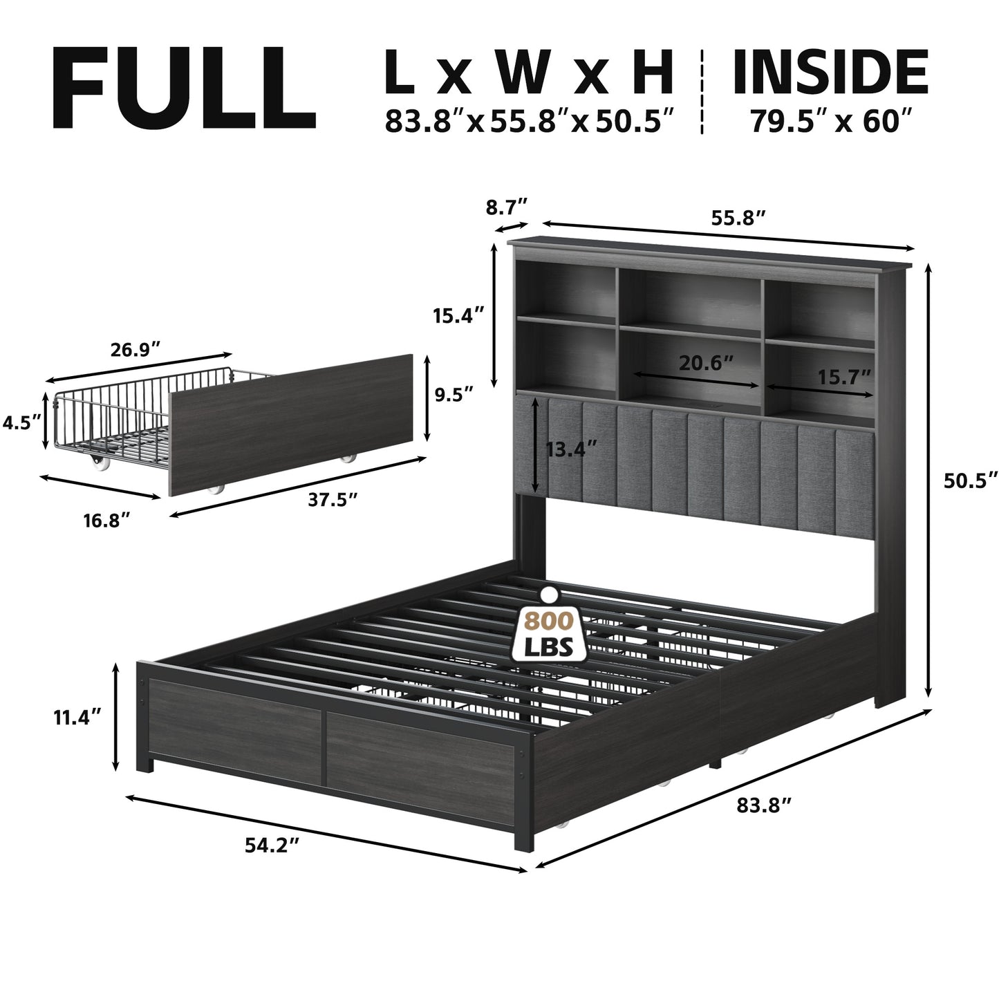 Lifezone Bookcase Beds Full Bed Frame with Wooden Platform, Rustic Grey