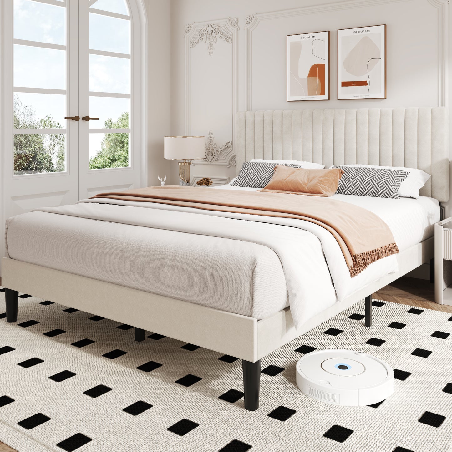 Lifezone Queen Bed Frame with Adjustable headboard,Velvet Upholstered Headboard with Wood Slats Support,Easy Assembly,No Box Spring Needed,Black